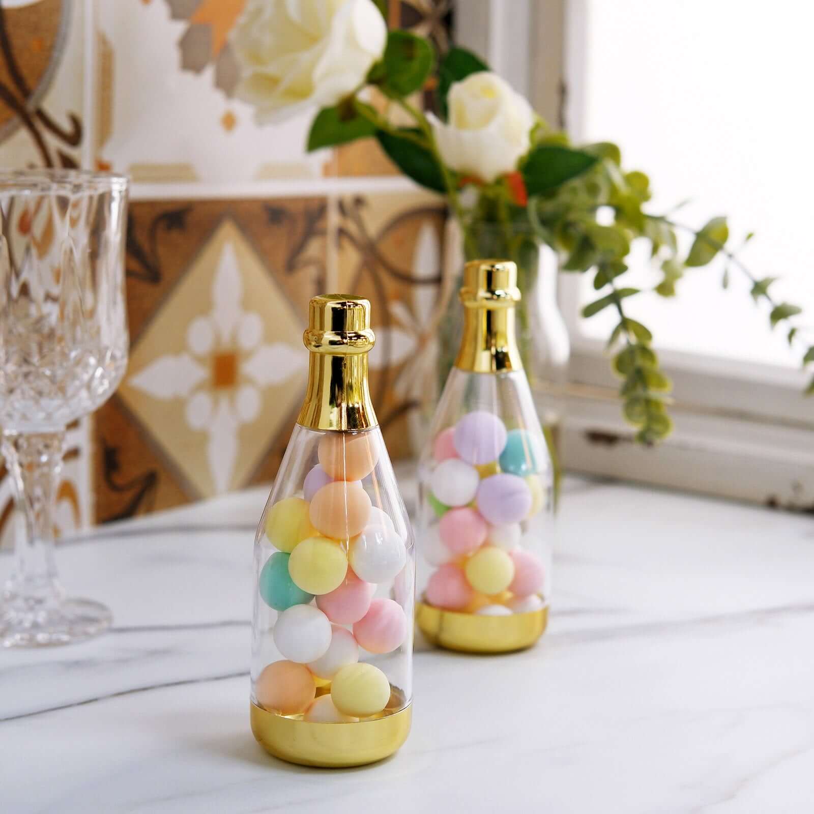 12-Pack Fillable Mini Champagne Bottle Candy Container 6" Clear Gold - Transparent Candy Treat Favor Containers - Image 2