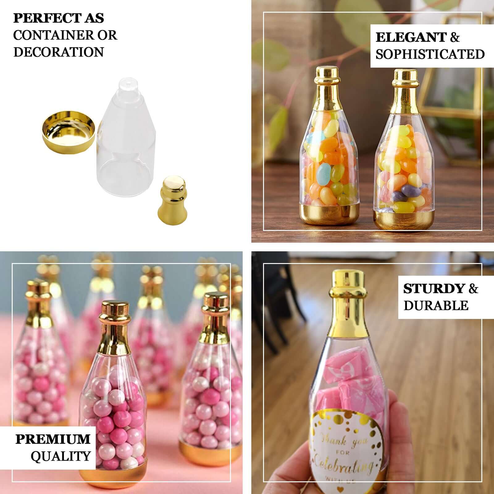 12-Pack Fillable Mini Champagne Bottle Candy Container 6" Clear Gold - Transparent Candy Treat Favor Containers - Image 4
