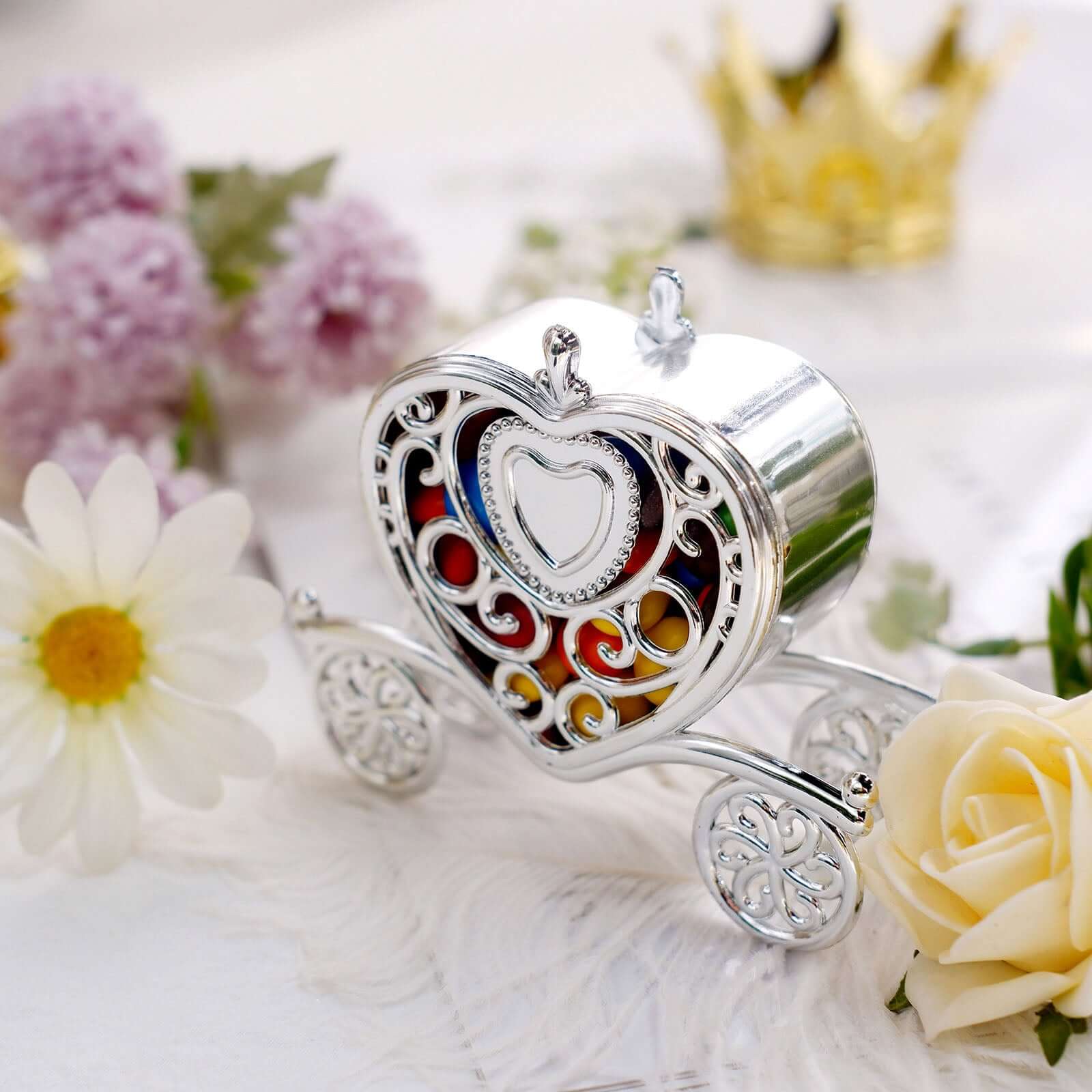 12-Pack Heart Carriage Candy Container Gift Boxes 4" Silver Princess - Party Favor Boxes for Treats - Image 2