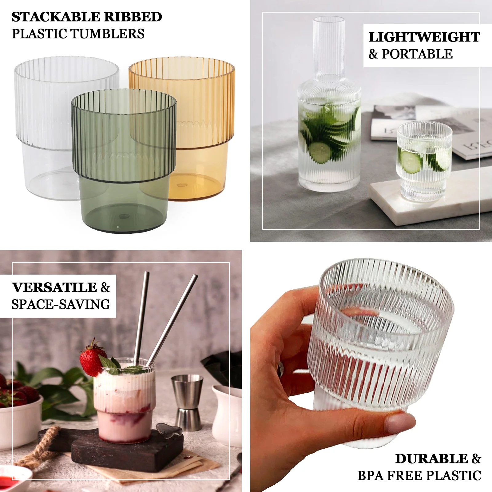 12-Pack Hunter Emerald Green Plastic Tumblers 7oz, Stackable Ribbed Pattern - Shatterproof Short Drinking Glasses - Image 4