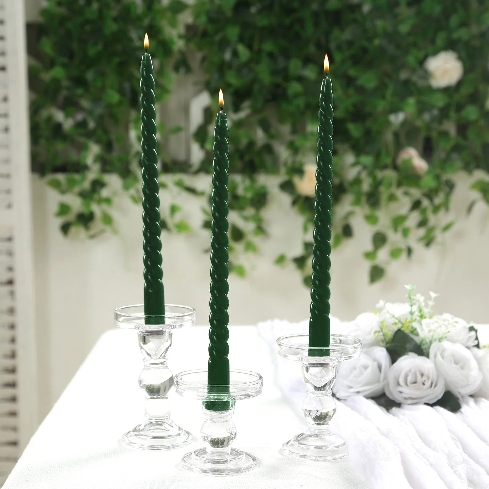 12 Pack Hunter Emerald Green Premium Spiral Long Burn Wick Taper Candles, Tall Unscented Wax Dinner Candle Sticks 11" - Image 2