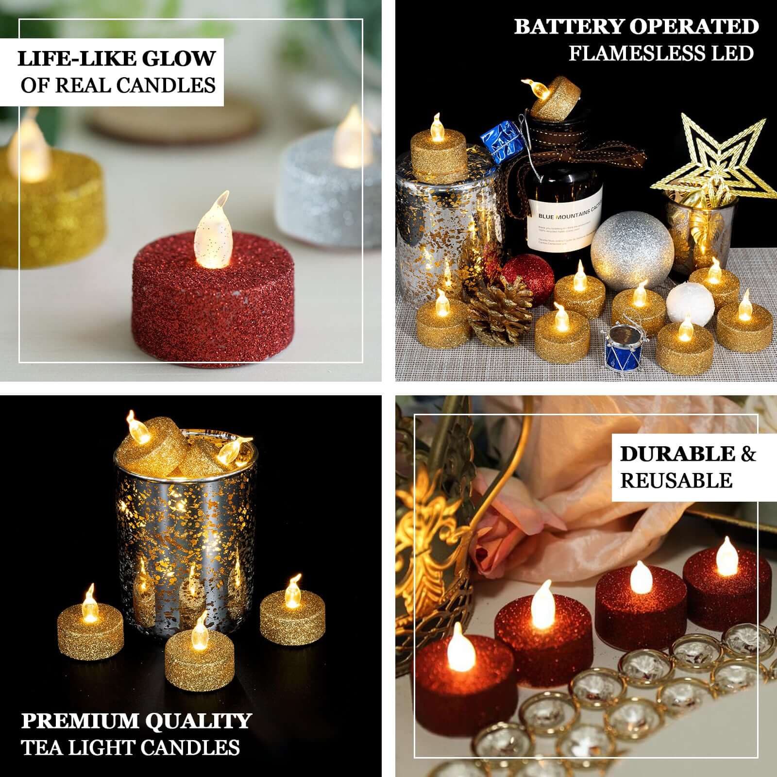 12-Pack LED Tealight Candles Silver Glitter Design - Flameless Battery Operated Lighting - Image 4