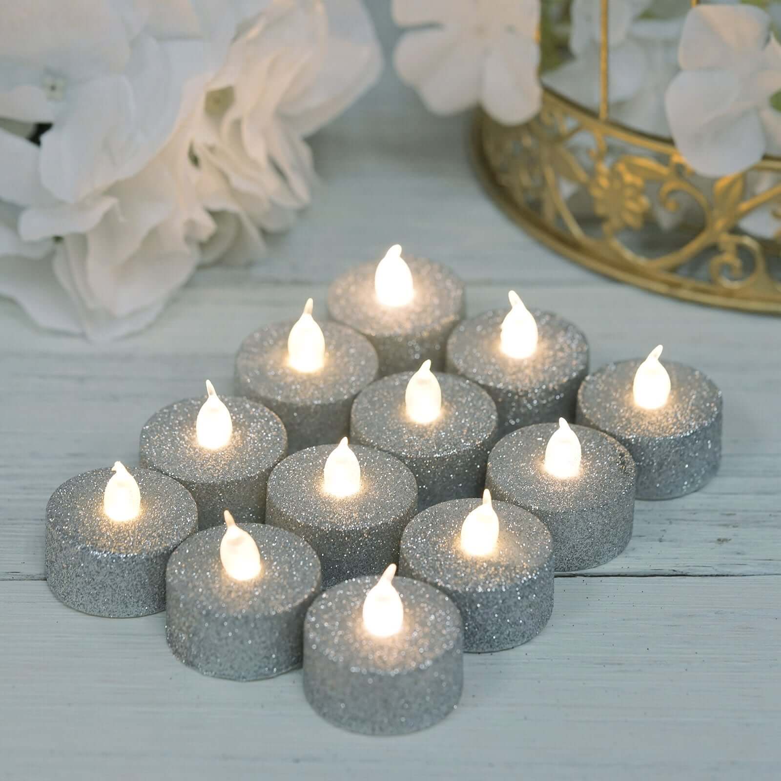 12-Pack LED Tealight Candles Silver Glitter Design - Flameless Battery Operated Lighting - Image 5