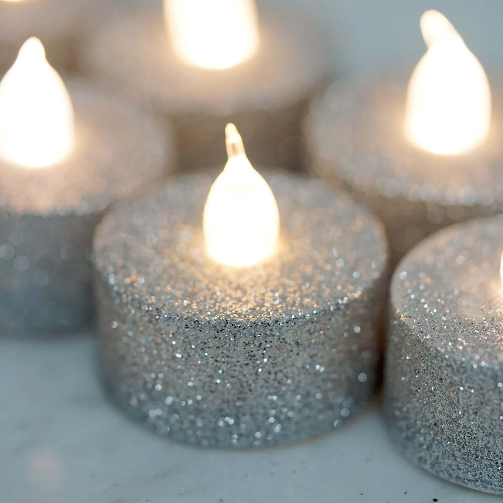 12-Pack LED Tealight Candles Silver Glitter Design - Flameless Battery Operated Lighting - Image 6