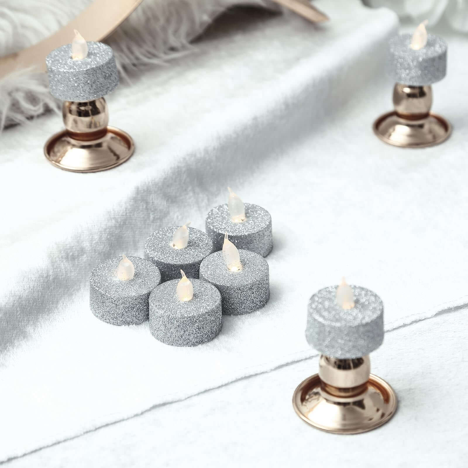 12-Pack LED Tealight Candles Silver Glitter Design - Flameless Battery Operated Lighting - Image 8