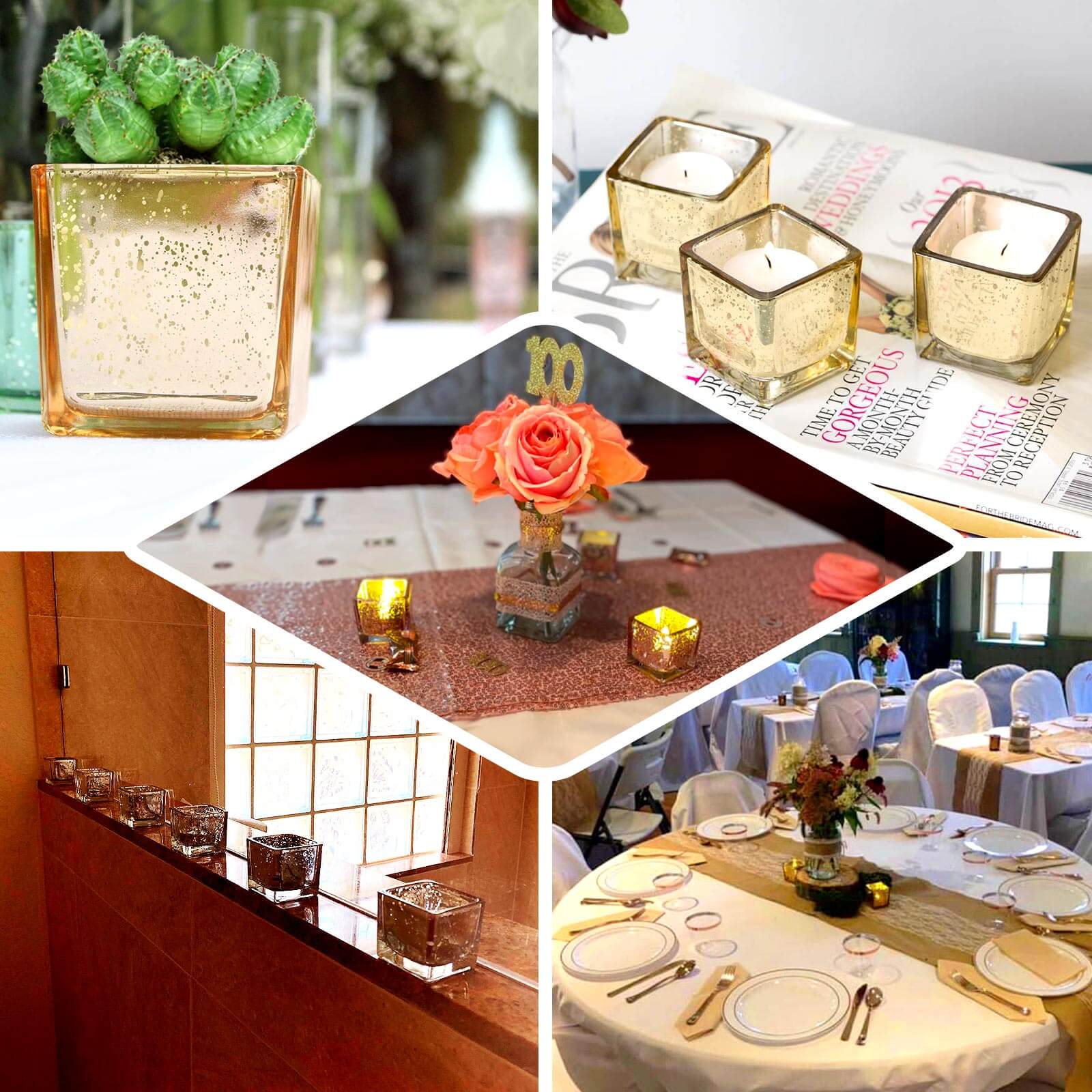 12-Pack Mercury Glass Square Candle Holders 2" Gold with Glittered Design - Votive Tealight Holders - Image 5