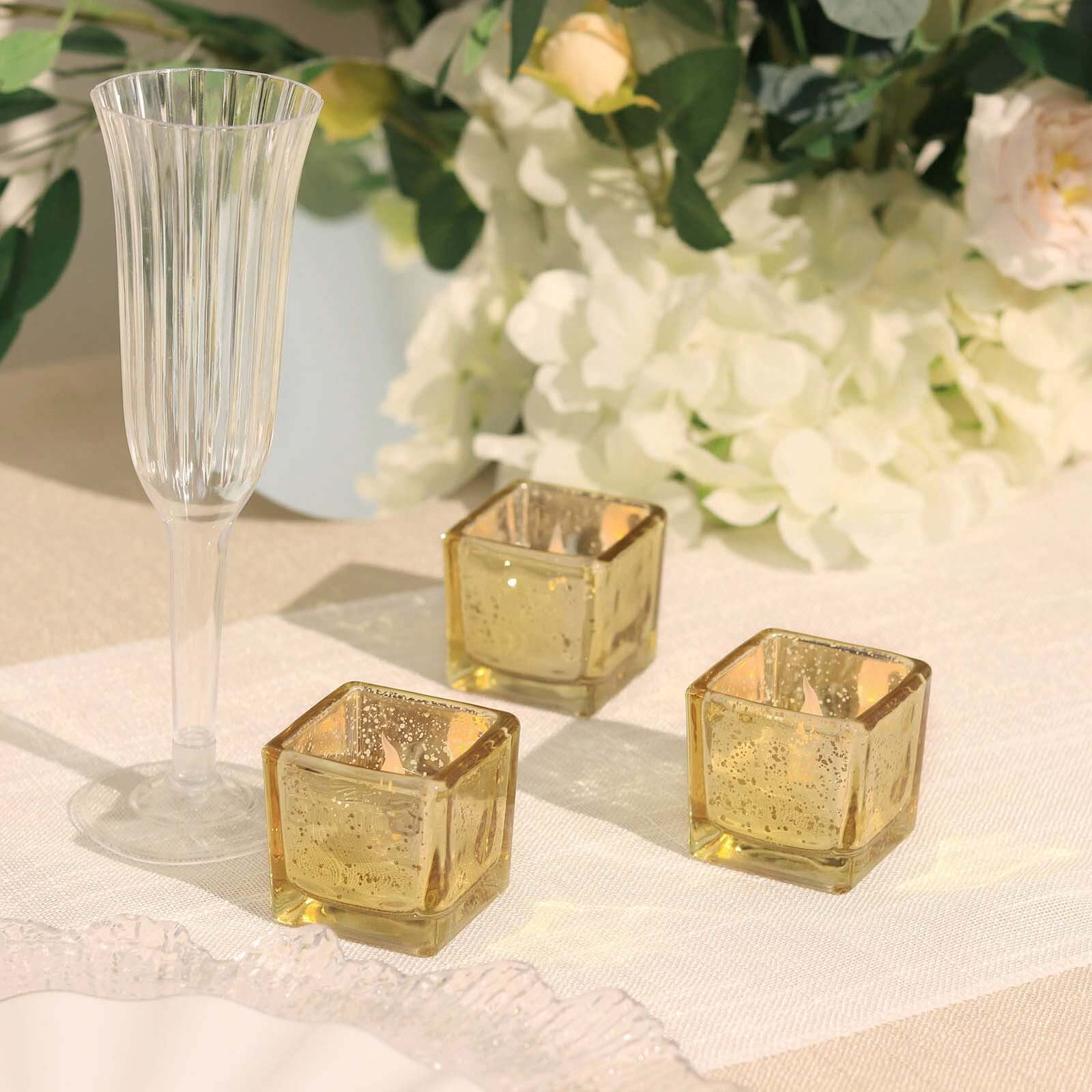 12-Pack Mercury Glass Square Candle Holders 2" Gold with Glittered Design - Votive Tealight Holders - Image 6