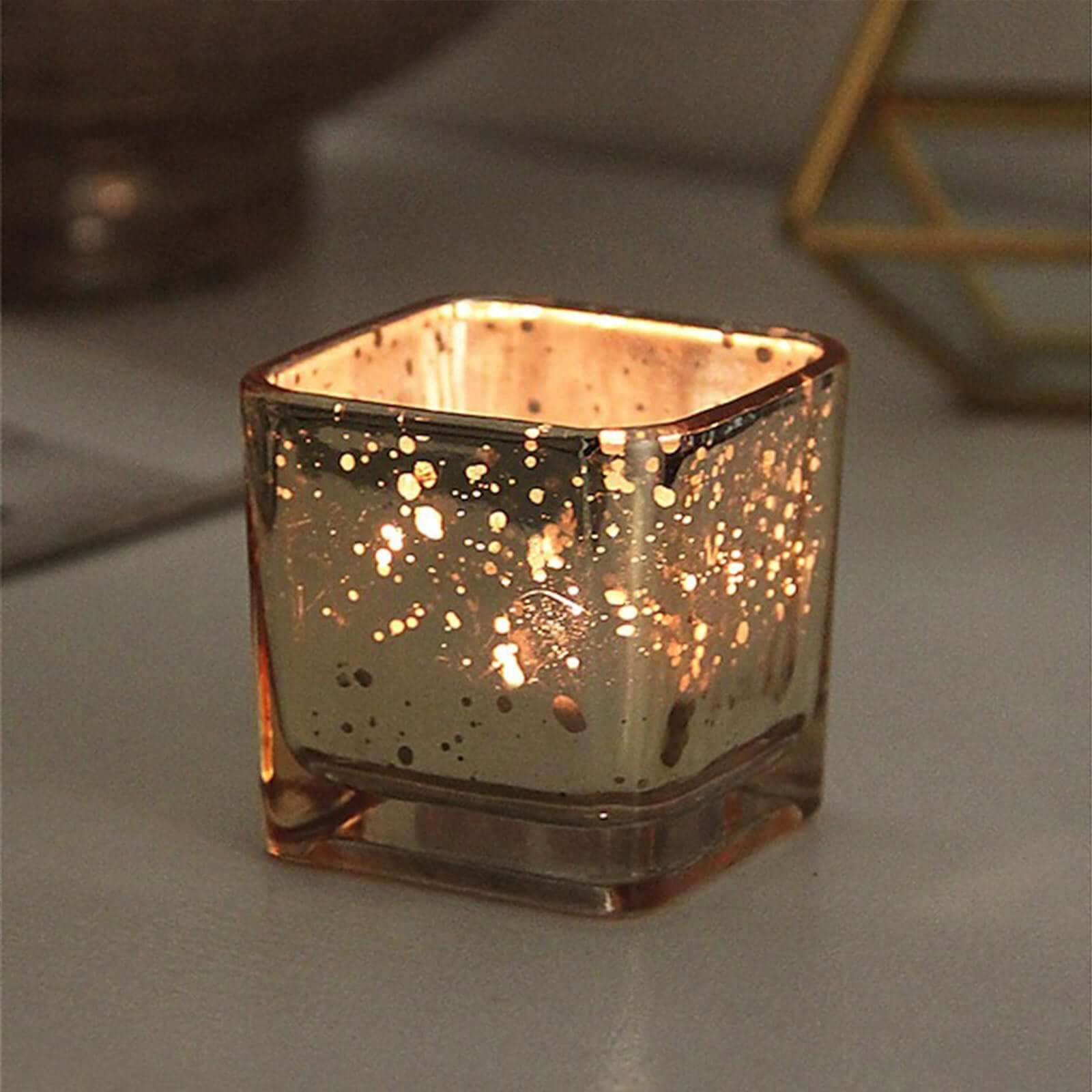 12-Pack Mercury Glass Square Candle Holders 2" Gold with Glittered Design - Votive Tealight Holders - Image 8