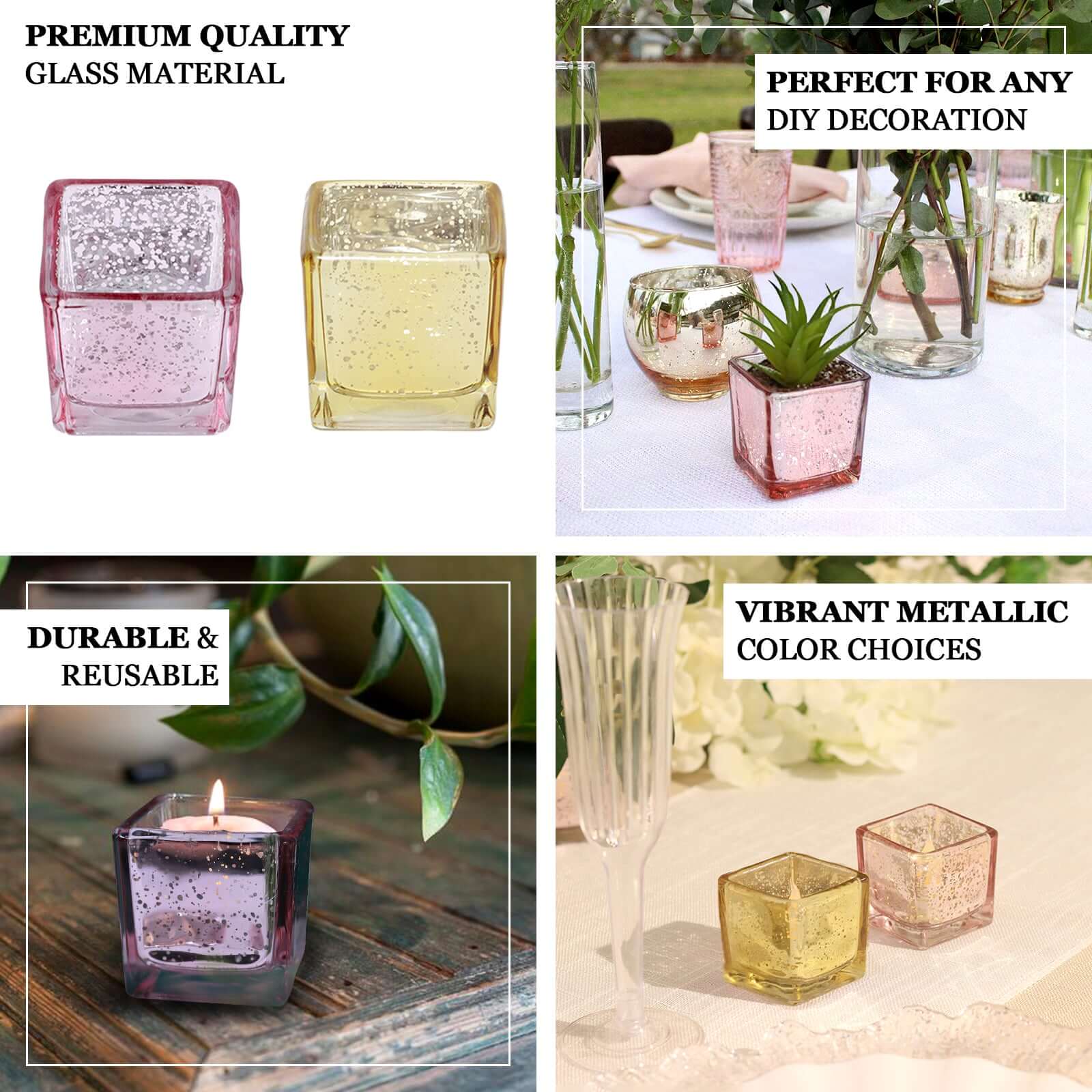 12-Pack Mercury Glass Square Candle Holders 2" Rose Gold with Glittered Design - Votive Tealight Holders - Image 4