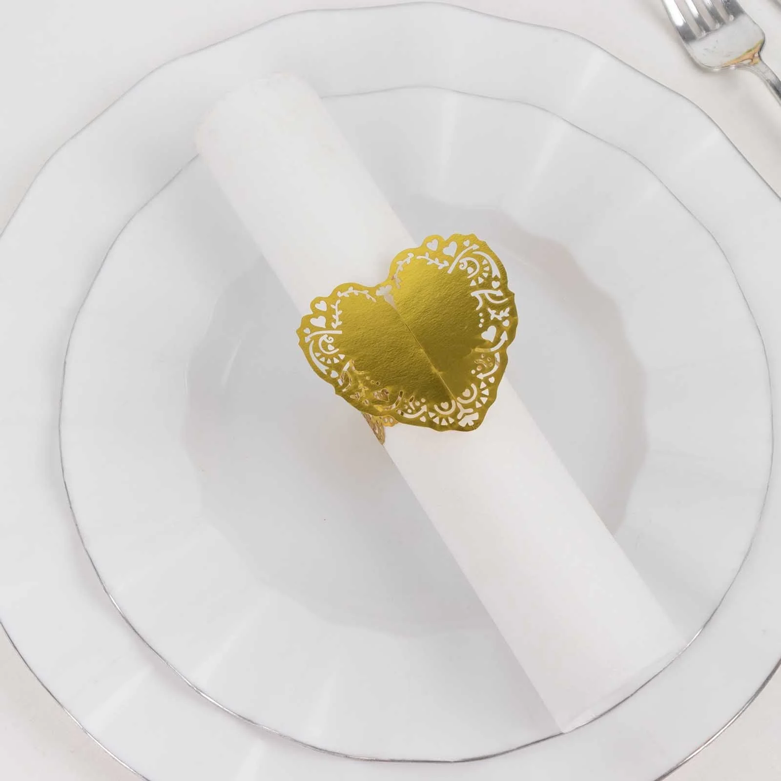 12 Pack Metallic Gold Foil Laser Cut Heart Paper Napkin Rings with Lace Pattern, Disposable Napkin Holders Bands - Image 11