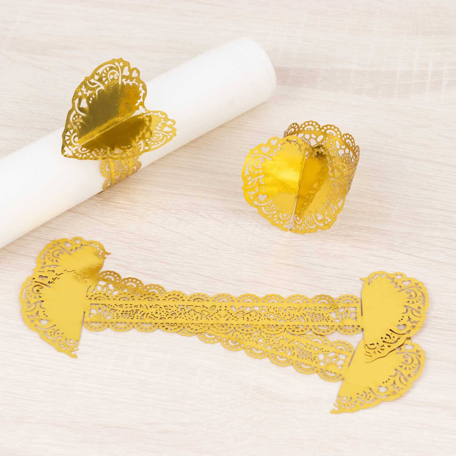 12 Pack Metallic Gold Foil Laser Cut Heart Paper Napkin Rings with Lace Pattern, Disposable Napkin Holders Bands - Image 4