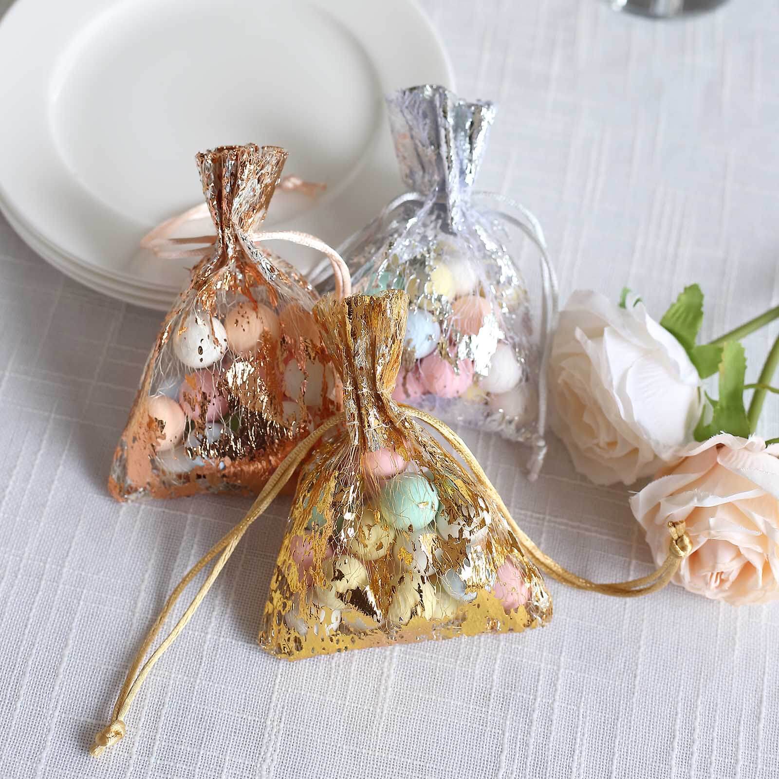 12 Pack Metallic Gold Foil Polyester Drawstring Favor Gift Bags, Wedding Party Candy Bags - 4"x5" - Image 7
