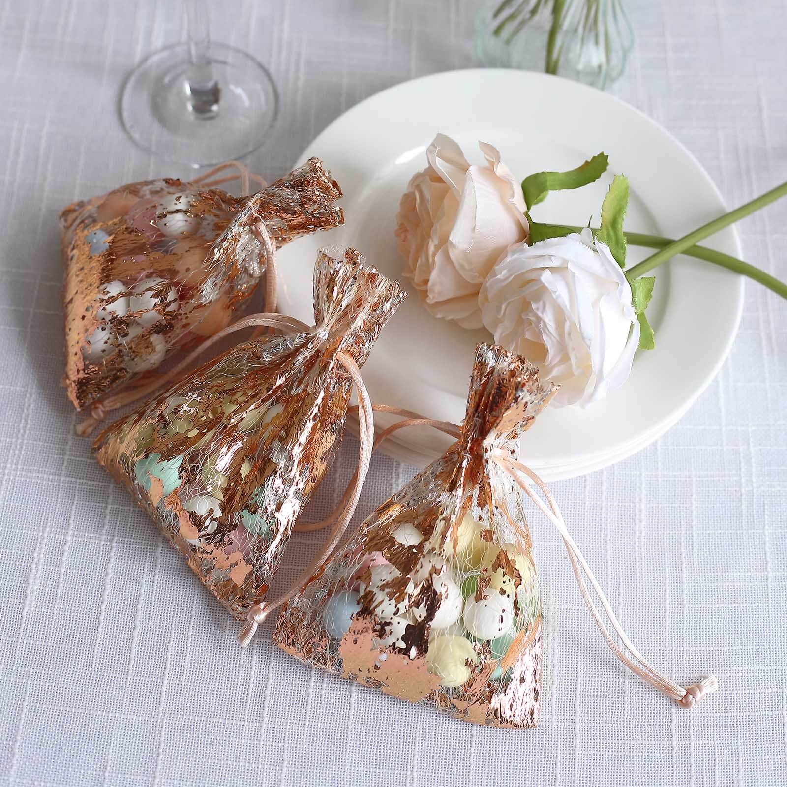 12 Pack Metallic Rose Gold Foil Polyester Drawstring Favor Gift Bags, Wedding Party Candy Bags - 4"x5" - Image 6