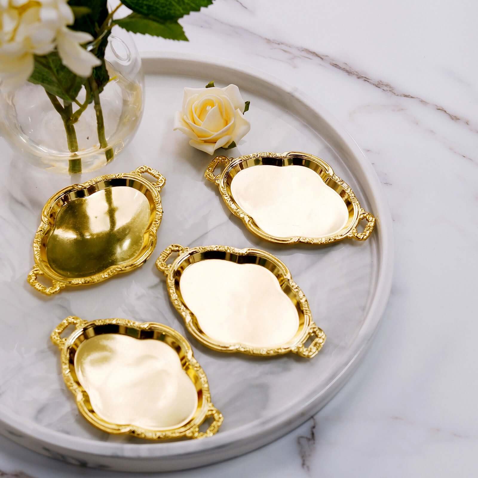 12-Pack Mini Party Favor Display Trays 4.5" Baroque Oval Design Gold - Small Serving Platters for Treats - Image 5