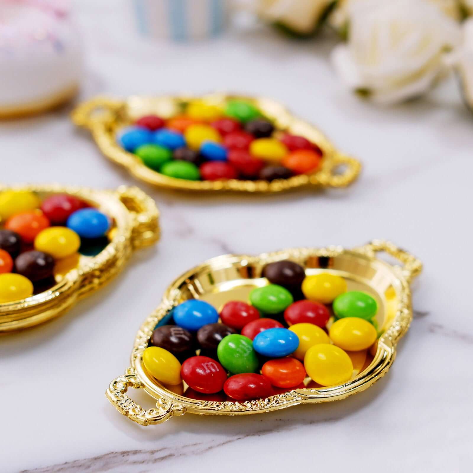 12-Pack Mini Party Favor Display Trays 4.5" Baroque Oval Design Gold - Small Serving Platters for Treats - Image 8