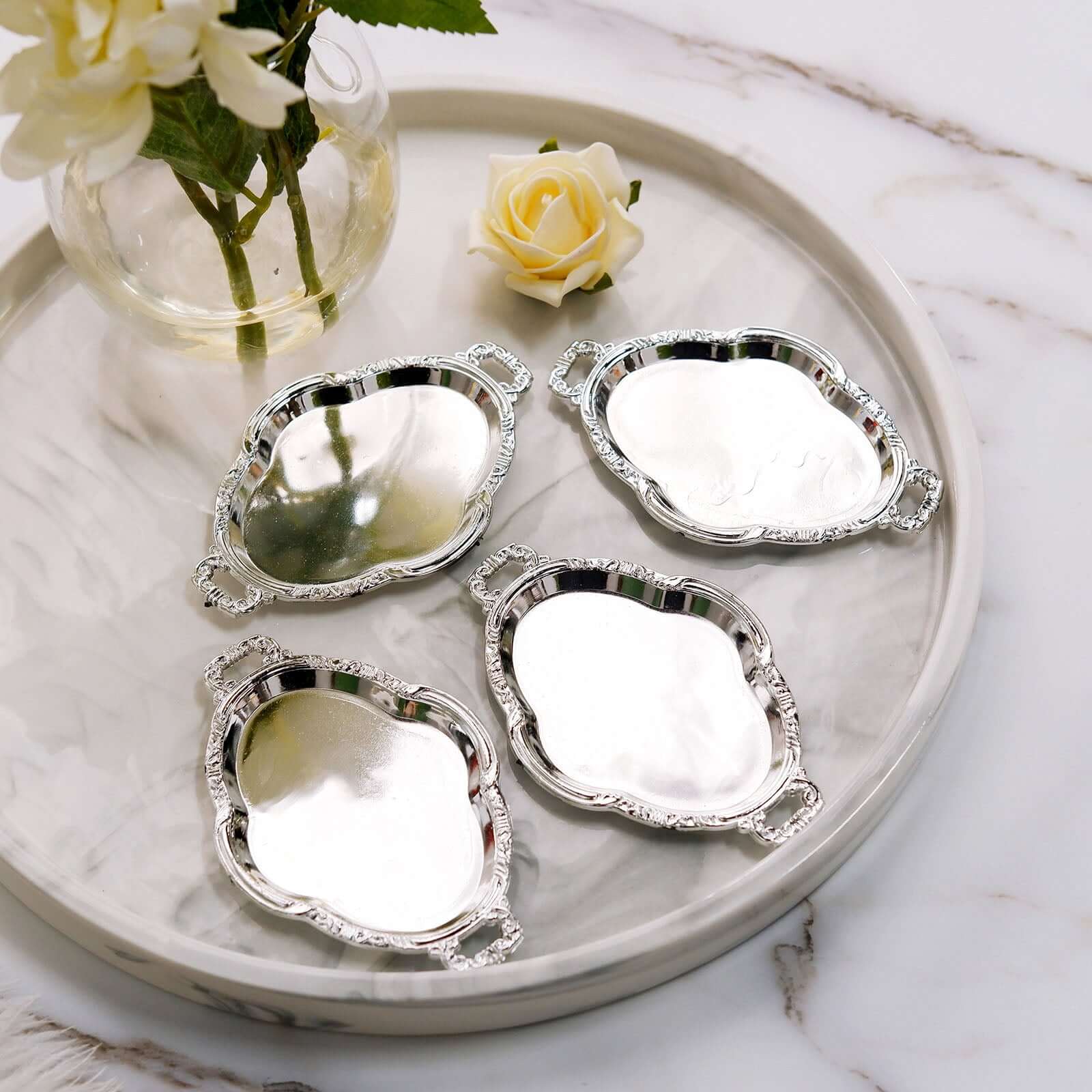 12-Pack Mini Party Favor Display Trays 4.5" Baroque Oval Design Silver - Small Serving Platters - Image 6