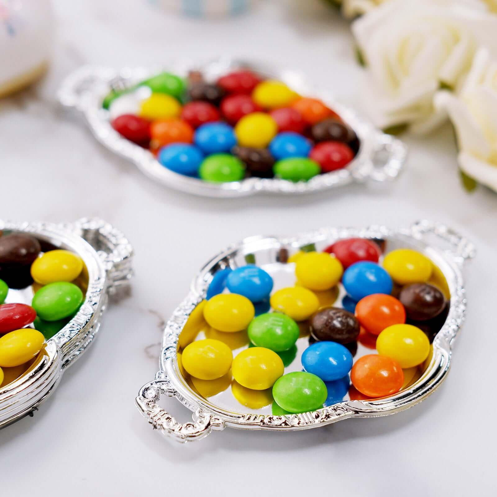 12-Pack Mini Party Favor Display Trays 4.5" Baroque Oval Design Silver - Small Serving Platters - Image 8