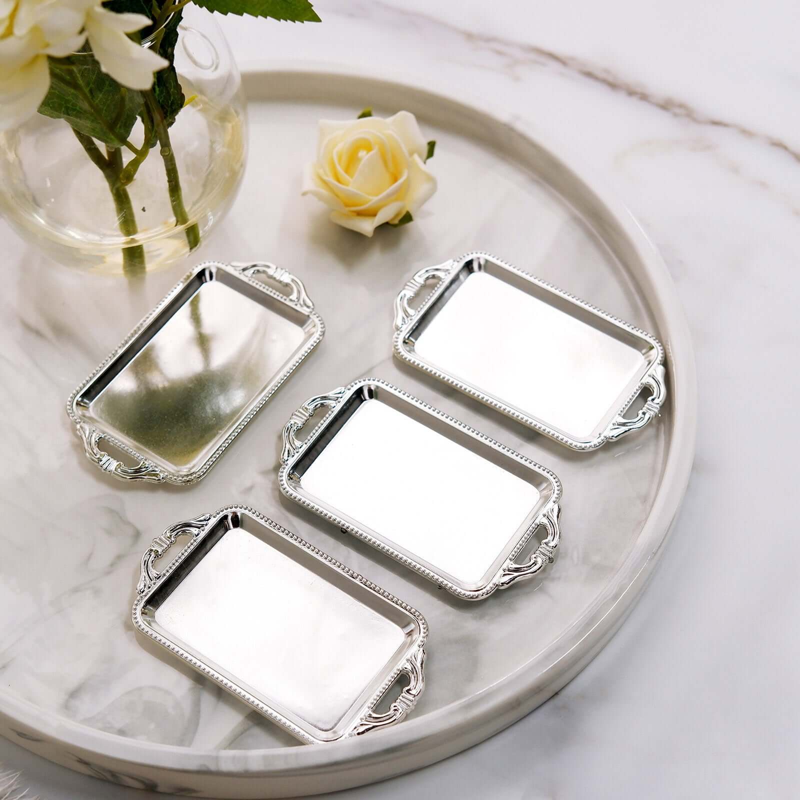 12-Pack Mini Party Favor Display Trays 4" Rectangular Design Silver - Small Serving Platters - Image 8