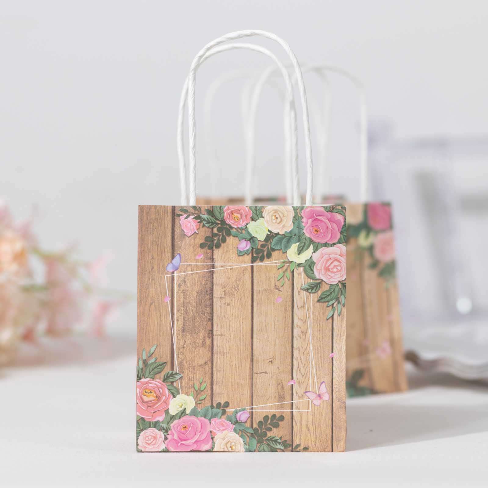 12 Pack Natural Wood Print Paper Gift Bags with Rose Floral Accent, Small Party Favor Goodie Bags With Handles - 4"x5" - Image 12
