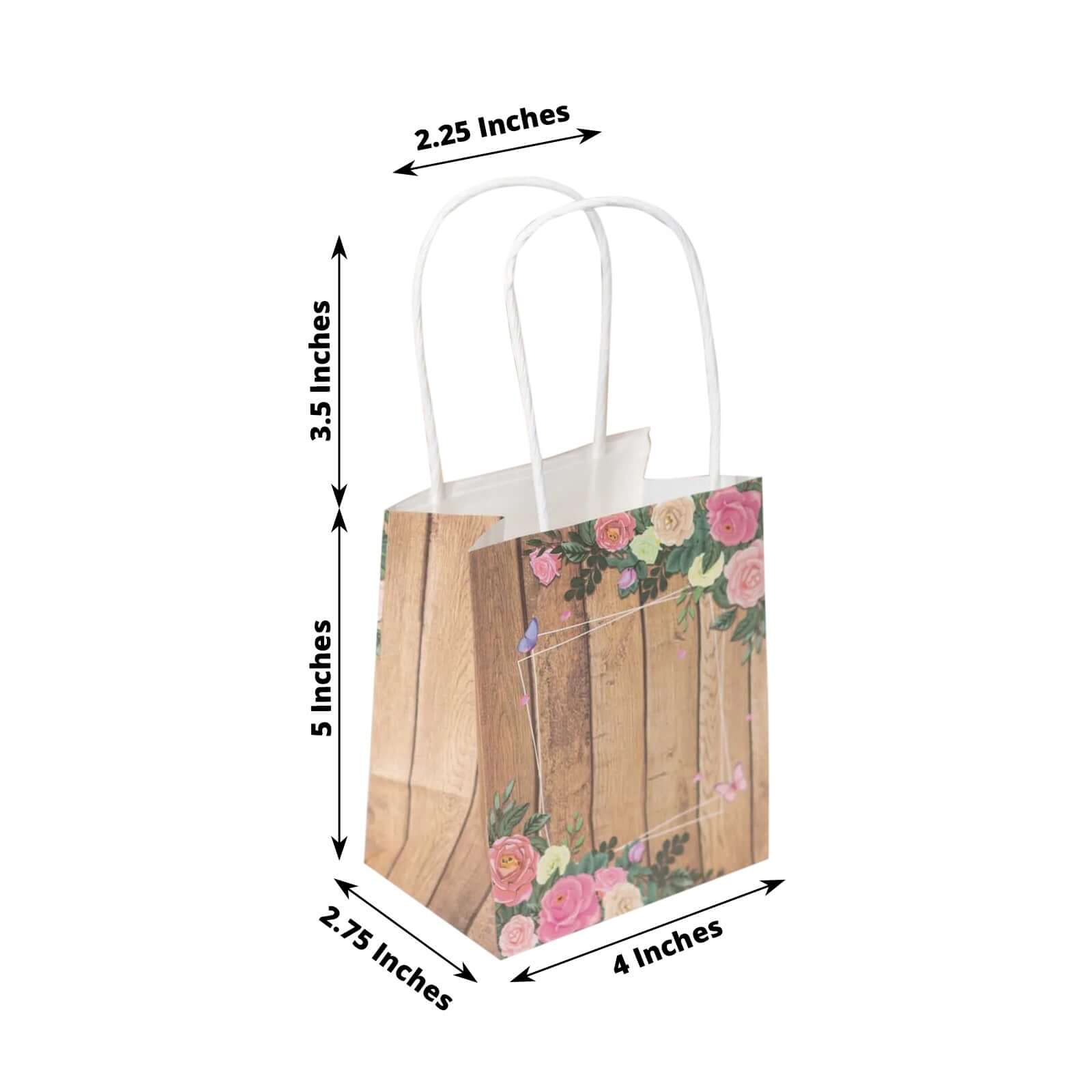 12 Pack Natural Wood Print Paper Gift Bags with Rose Floral Accent, Small Party Favor Goodie Bags With Handles - 4"x5" - Image 3