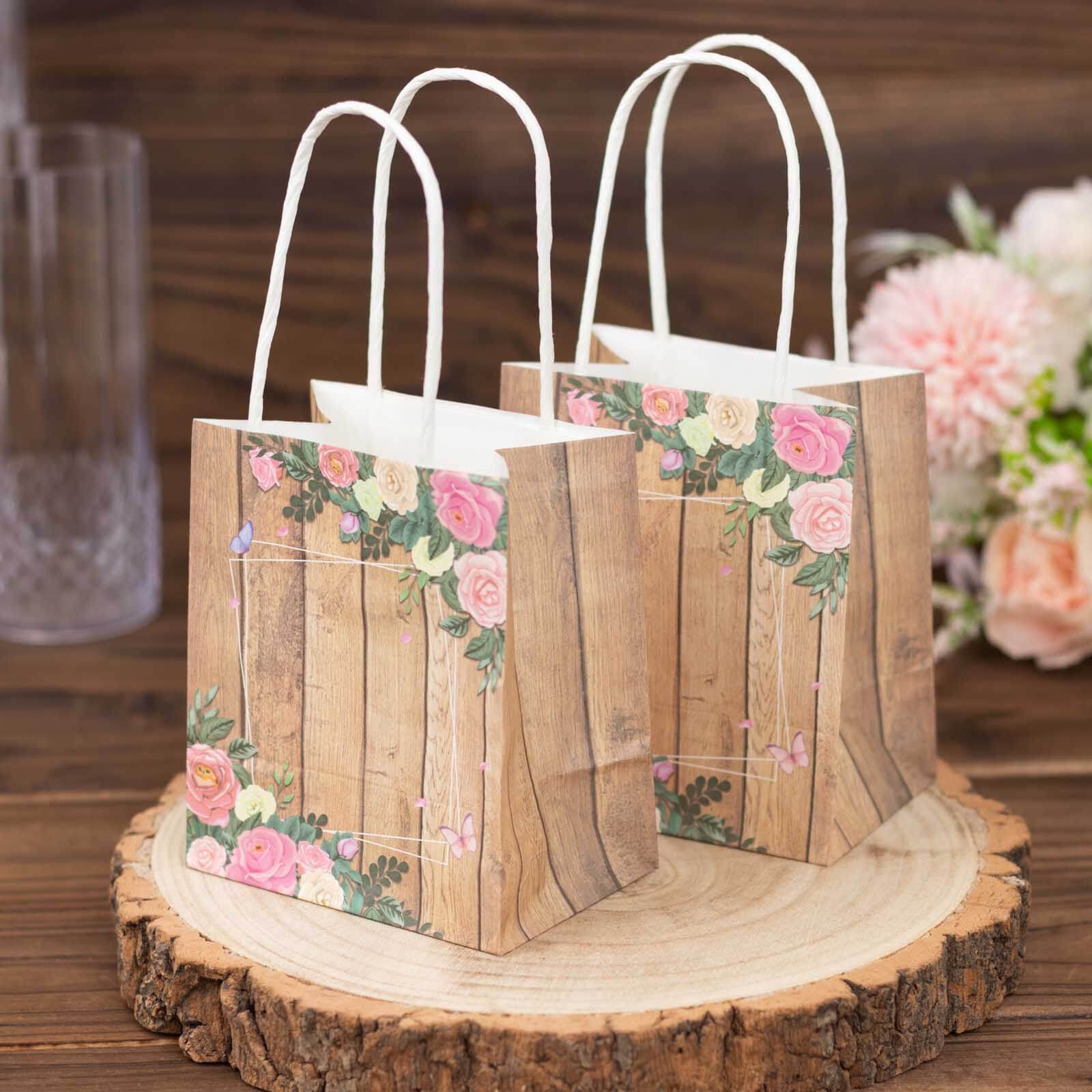12 Pack Natural Wood Print Paper Gift Bags with Rose Floral Accent, Small Party Favor Goodie Bags With Handles - 4"x5" - Image 4