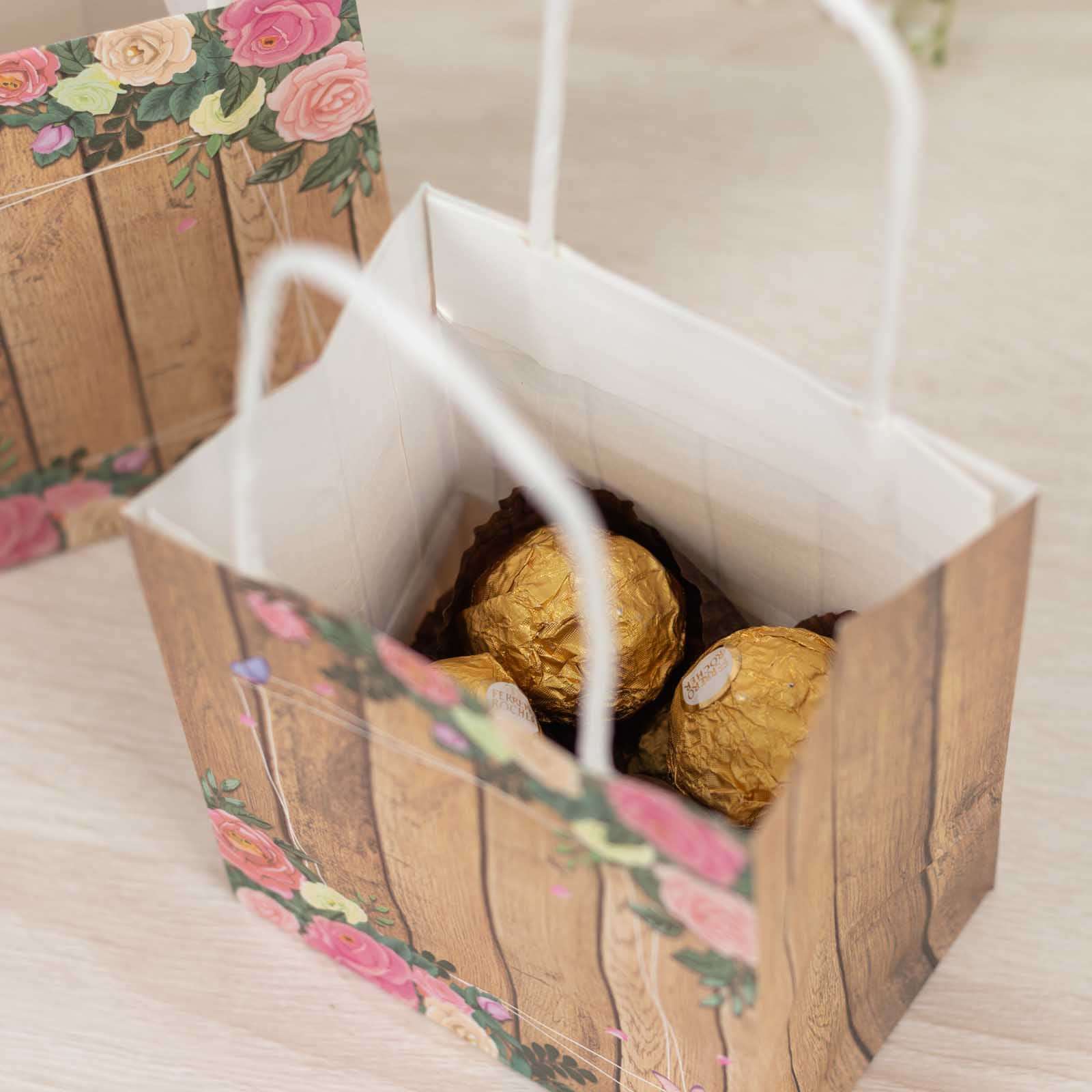 12 Pack Natural Wood Print Paper Gift Bags with Rose Floral Accent, Small Party Favor Goodie Bags With Handles - 4"x5" - Image 6