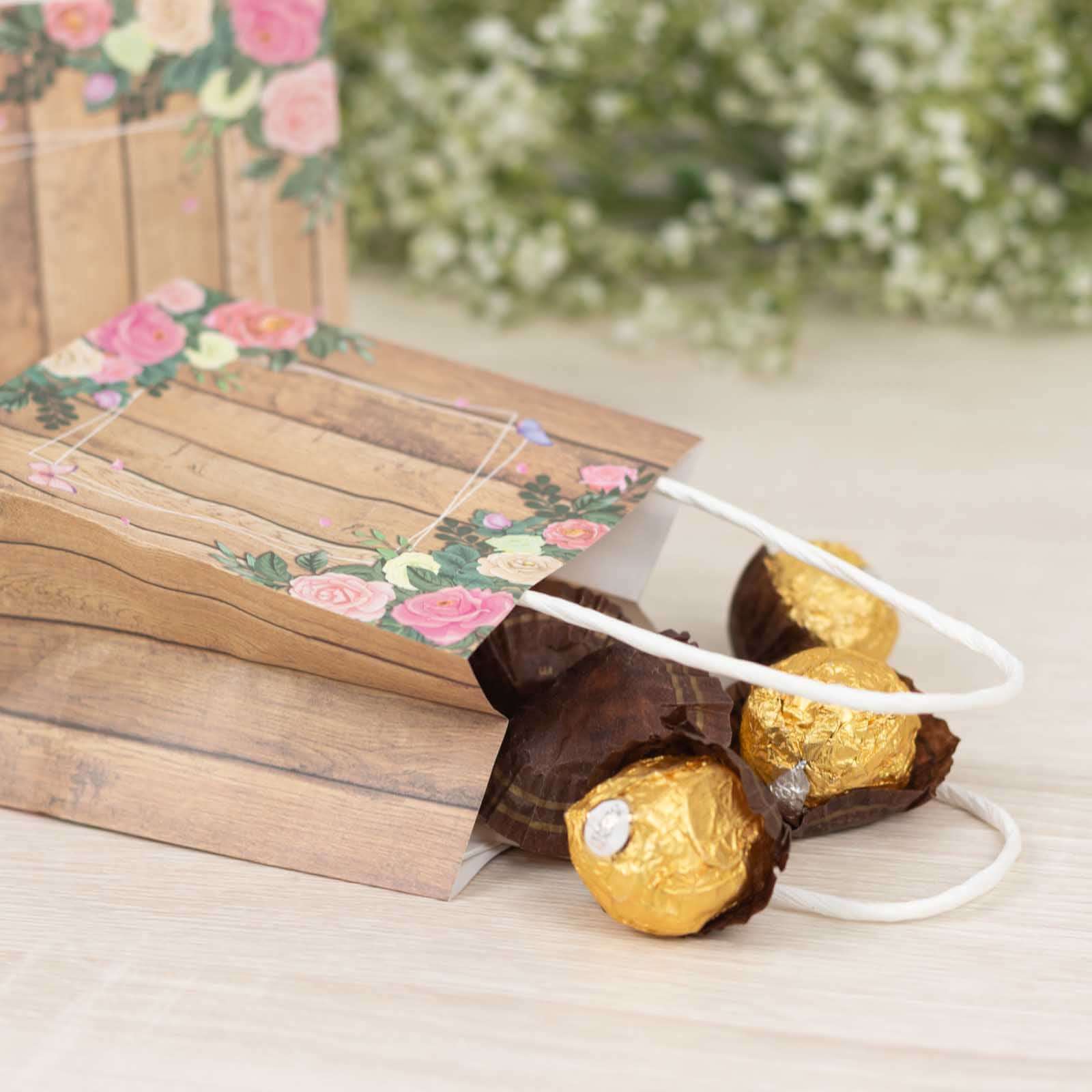 12 Pack Natural Wood Print Paper Gift Bags with Rose Floral Accent, Small Party Favor Goodie Bags With Handles - 4"x5" - Image 8