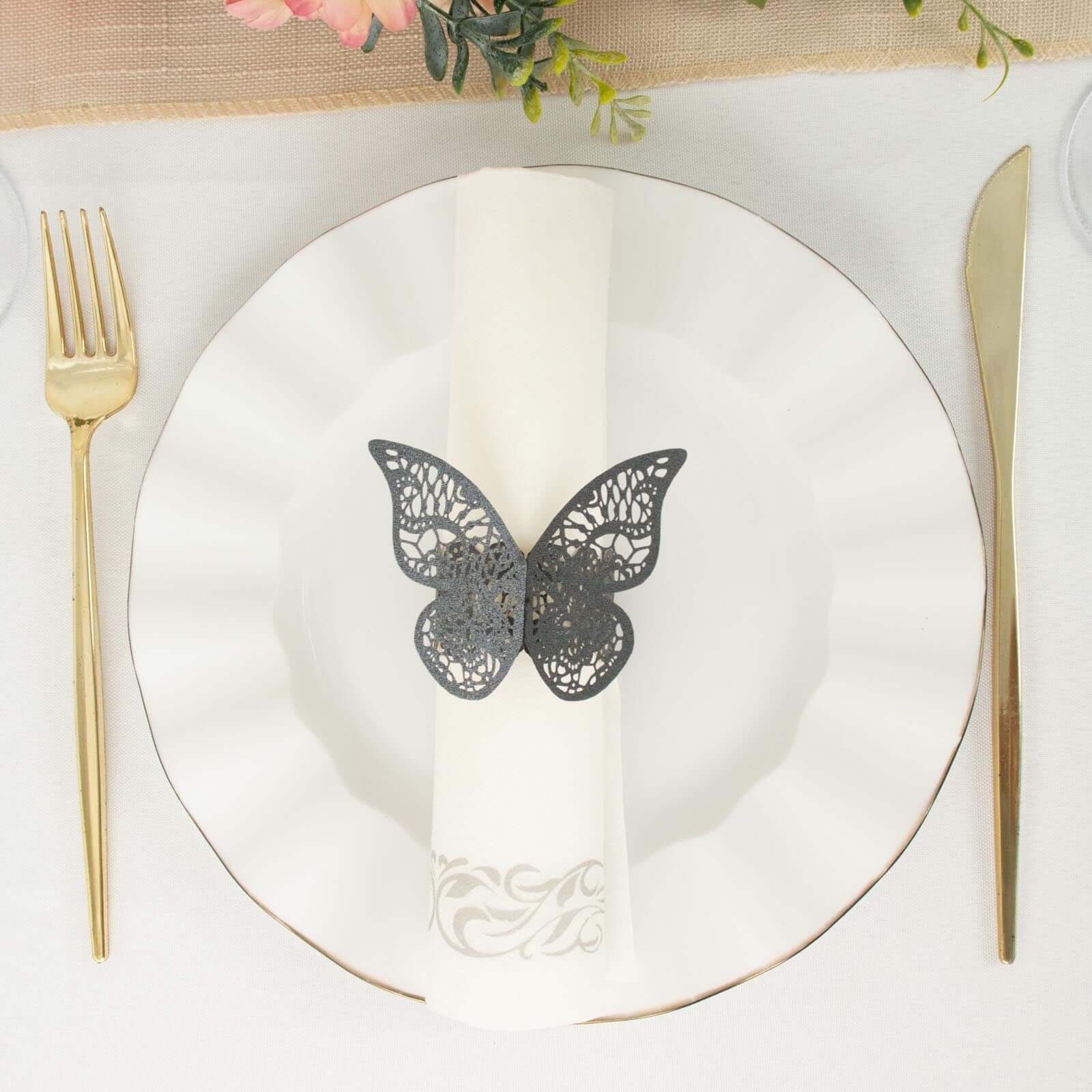 12-Pack Paper Napkin Rings Black Shimmery Butterfly Laser Cut - Serviette Holders and Chair Sash Bows - Image 9