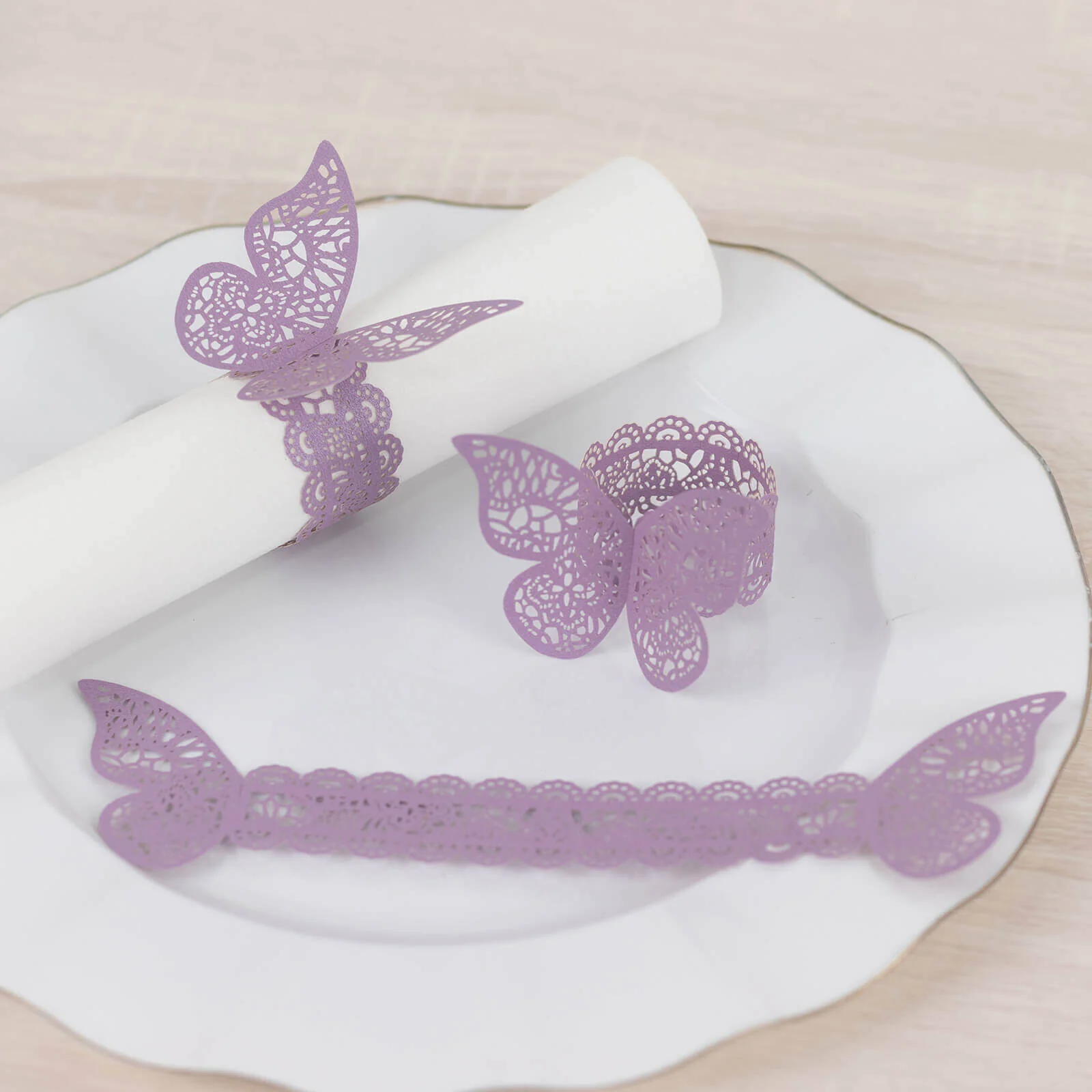12-Pack Paper Napkin Rings Lavender Shimmery Butterfly Laser Cut - Serviette Holders and Chair Sash Bows
