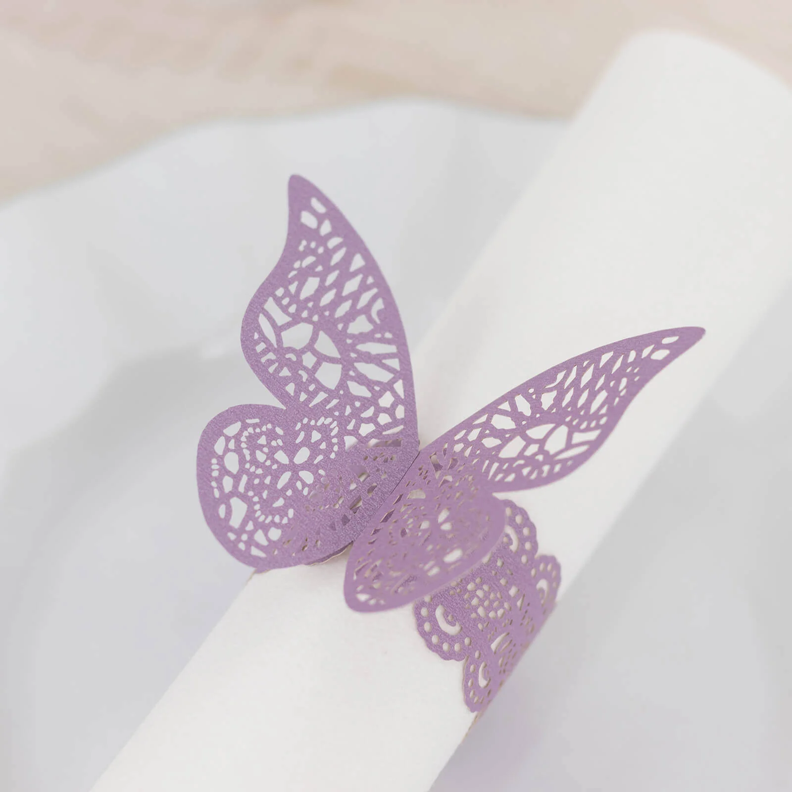 12-Pack Paper Napkin Rings Lavender Shimmery Butterfly Laser Cut - Serviette Holders and Chair Sash Bows - Image 2