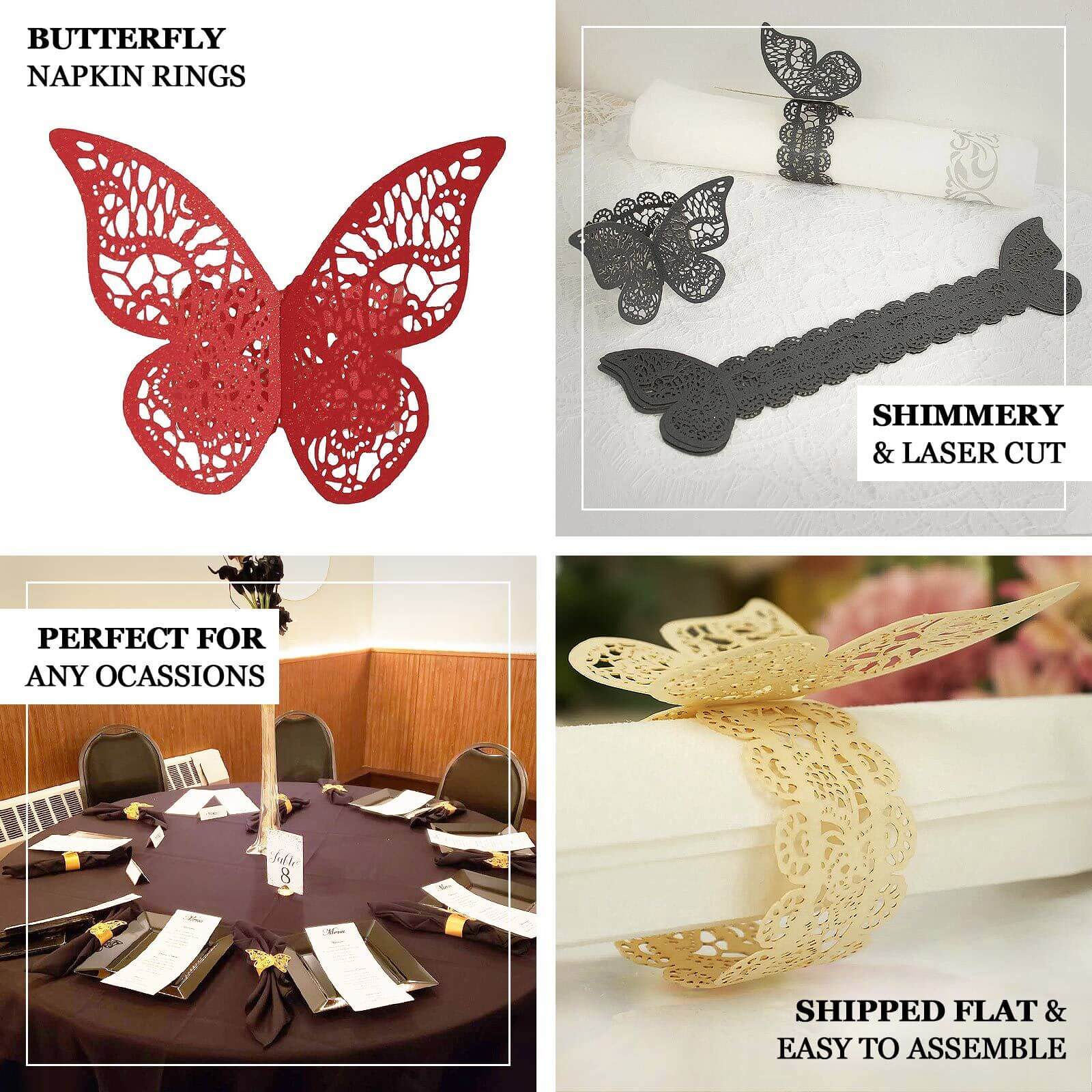 12-Pack Paper Napkin Rings Lavender Shimmery Butterfly Laser Cut - Serviette Holders and Chair Sash Bows - Image 5