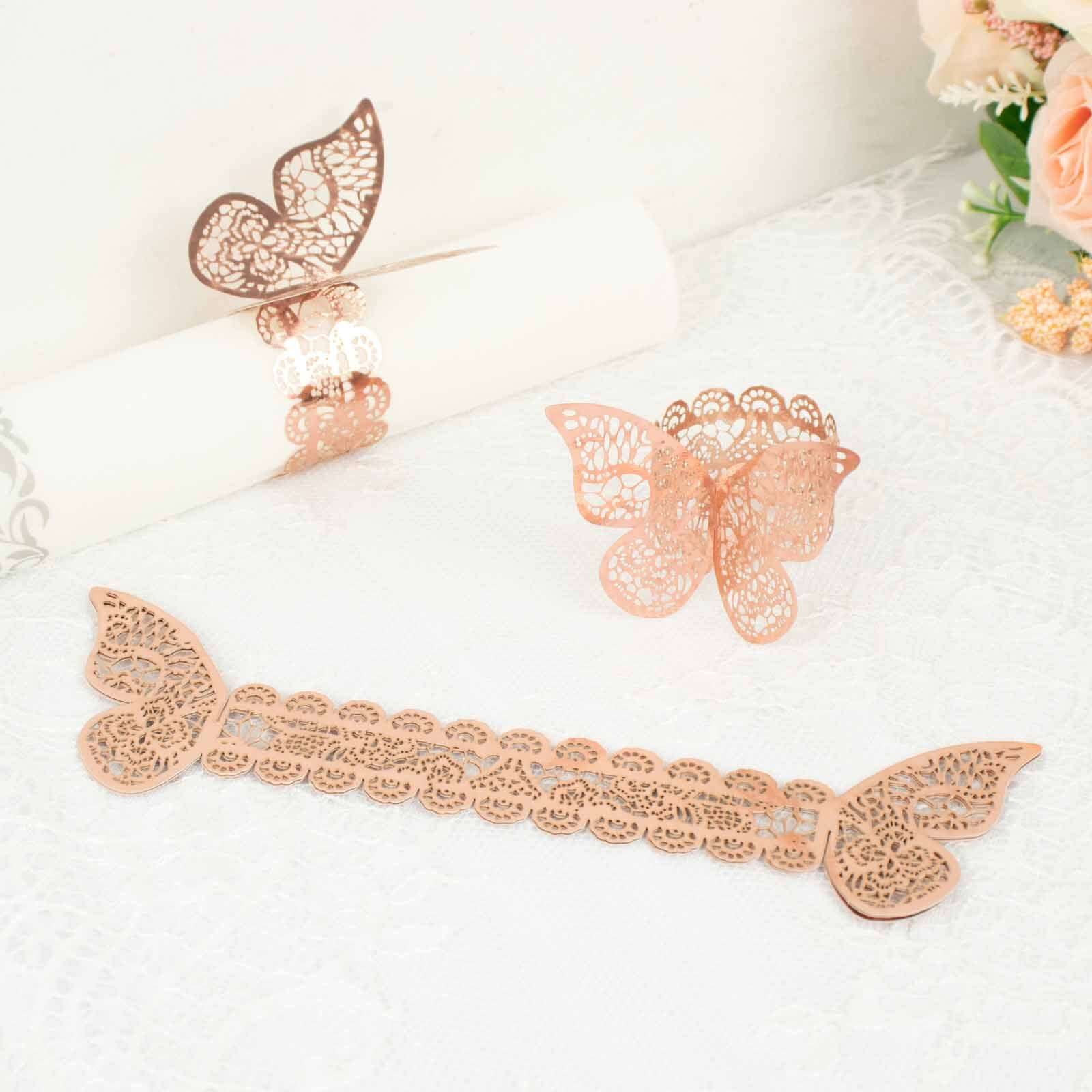 12-Pack Paper Napkin Rings Metallic Rose Gold Shimmery Butterfly Laser Cut - Serviette Holders and Chair Sash Bows - Image 2
