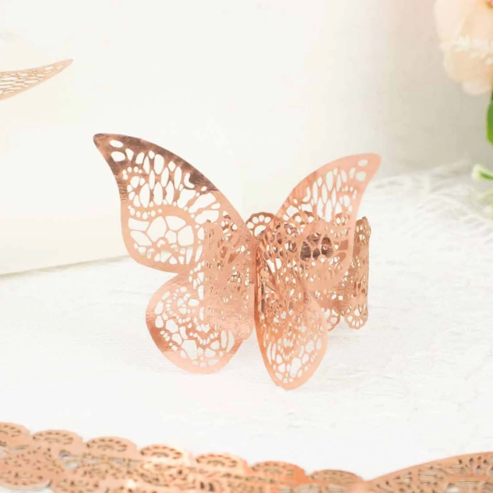 12-Pack Paper Napkin Rings Metallic Rose Gold Shimmery Butterfly Laser Cut - Serviette Holders and Chair Sash Bows - Image 6