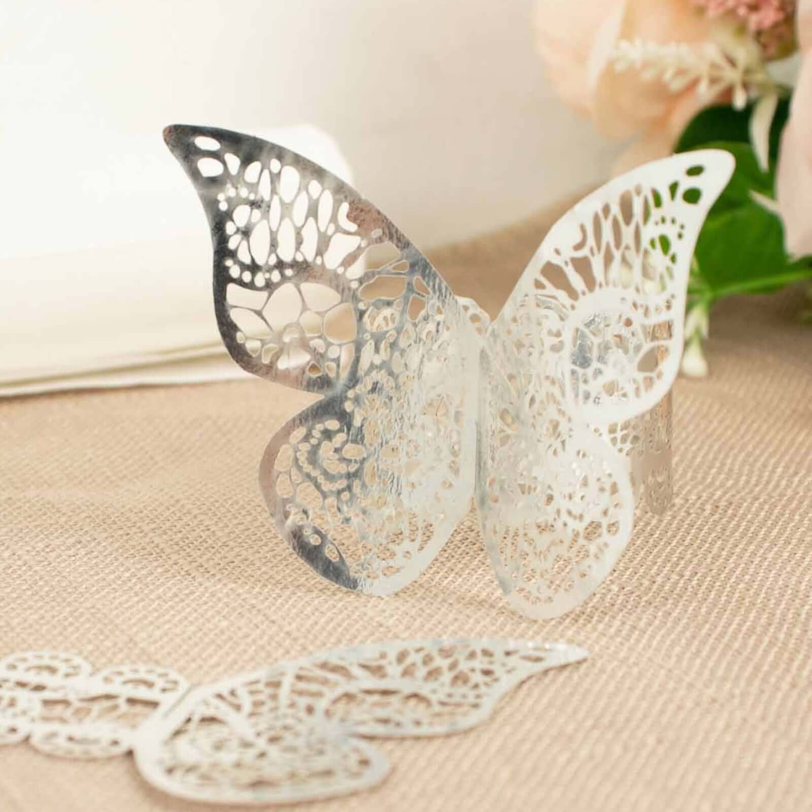 12-Pack Paper Napkin Rings Metallic Silver Shimmery Butterfly Laser Cut - Serviette Holders and Chair Sash Bows - Image 6