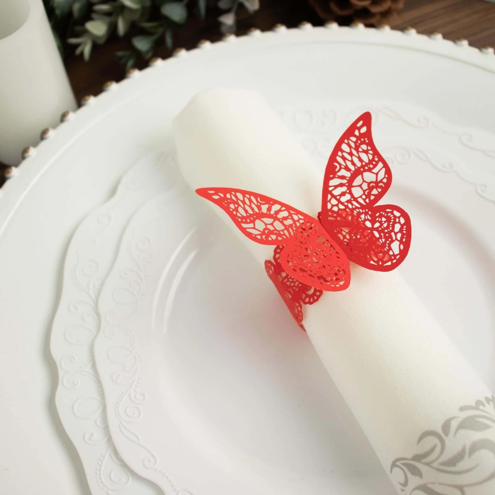 12-Pack Paper Napkin Rings Red Shimmery Butterfly Laser Cut - Serviette Holders and Chair Sash Bows - Image 8