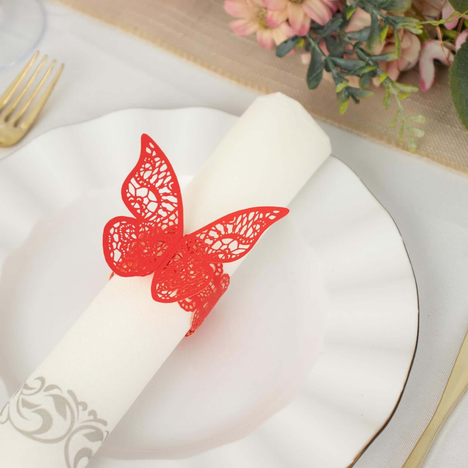 12-Pack Paper Napkin Rings Red Shimmery Butterfly Laser Cut - Serviette Holders and Chair Sash Bows - Image 9