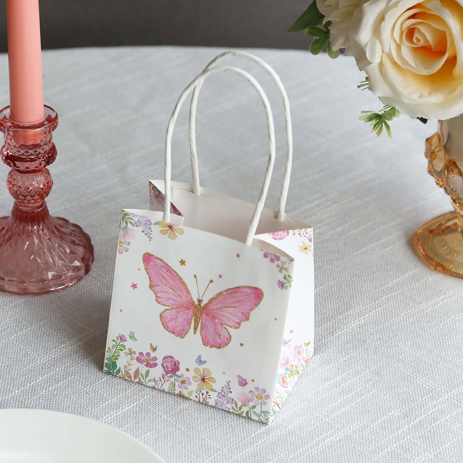 12 Pack Pink Glitter Butterfly Paper Gift Bags With Handles, Floral Print White Party Favor Goodie Bags - 4"x4"