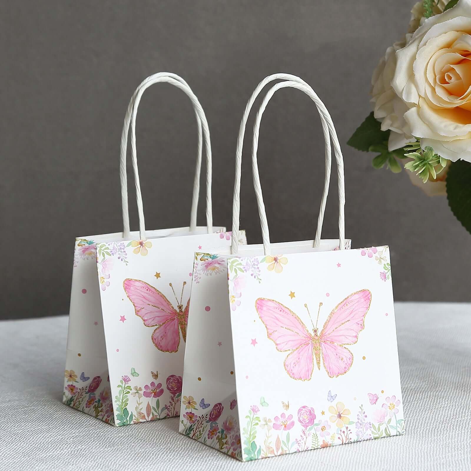 12 Pack Pink Glitter Butterfly Paper Gift Bags With Handles, Floral Print White Party Favor Goodie Bags - 4"x4" - Image 11