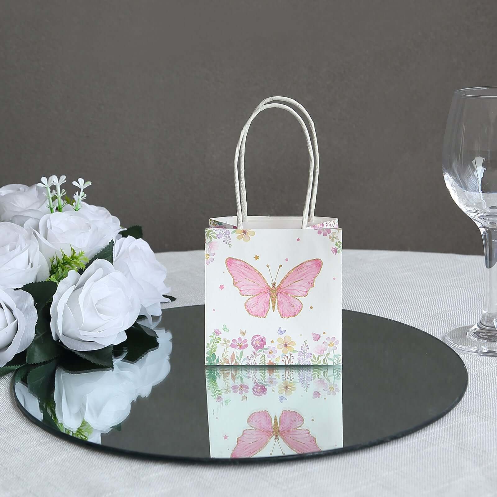 12 Pack Pink Glitter Butterfly Paper Gift Bags With Handles, Floral Print White Party Favor Goodie Bags - 4"x4" - Image 2