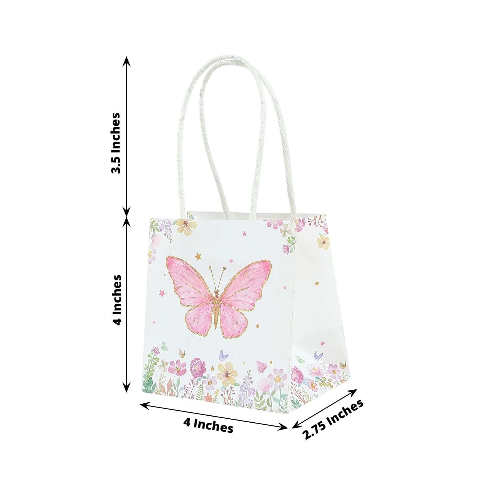 12 Pack Pink Glitter Butterfly Paper Gift Bags With Handles, Floral Print White Party Favor Goodie Bags - 4"x4" - Image 3