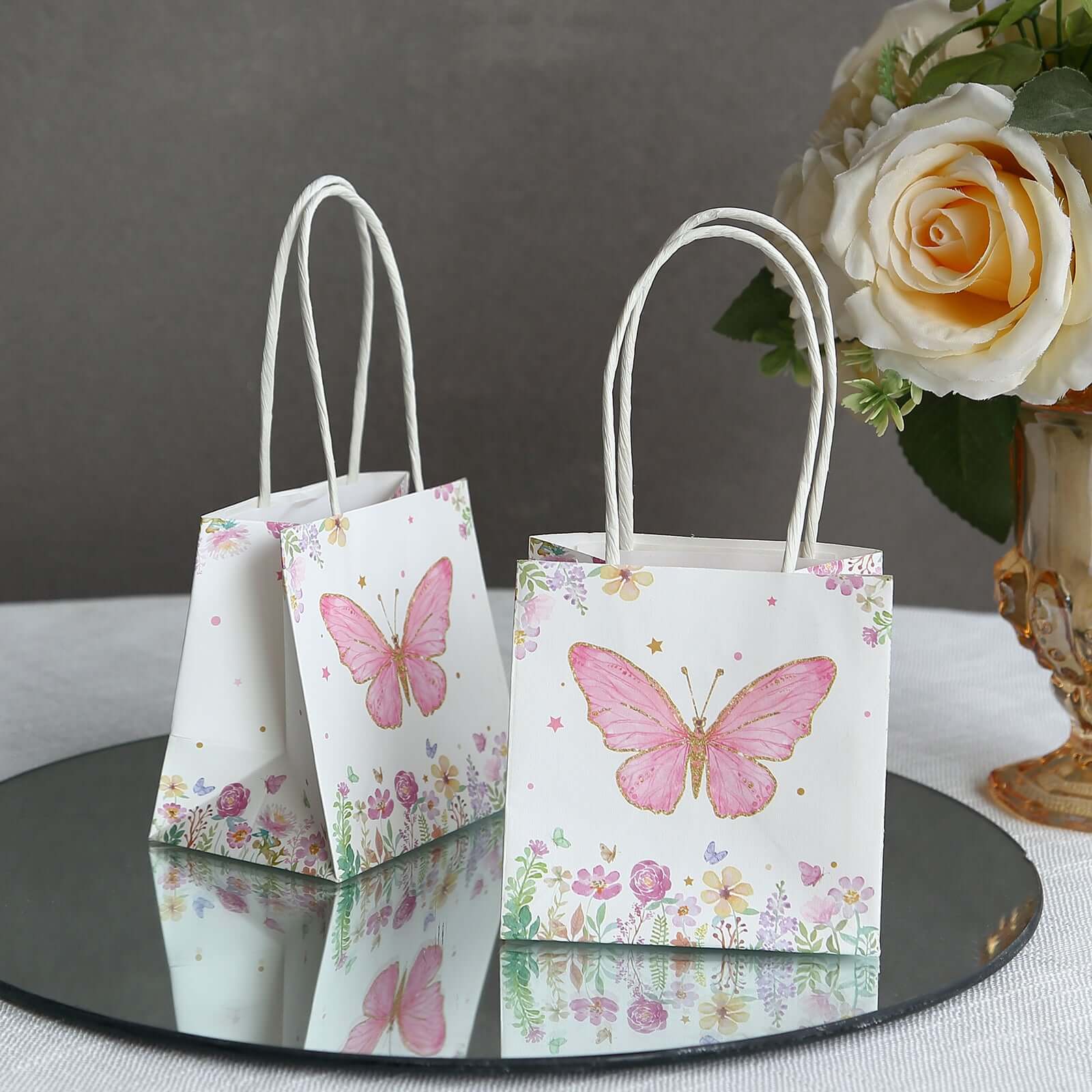 12 Pack Pink Glitter Butterfly Paper Gift Bags With Handles, Floral Print White Party Favor Goodie Bags - 4"x4" - Image 6