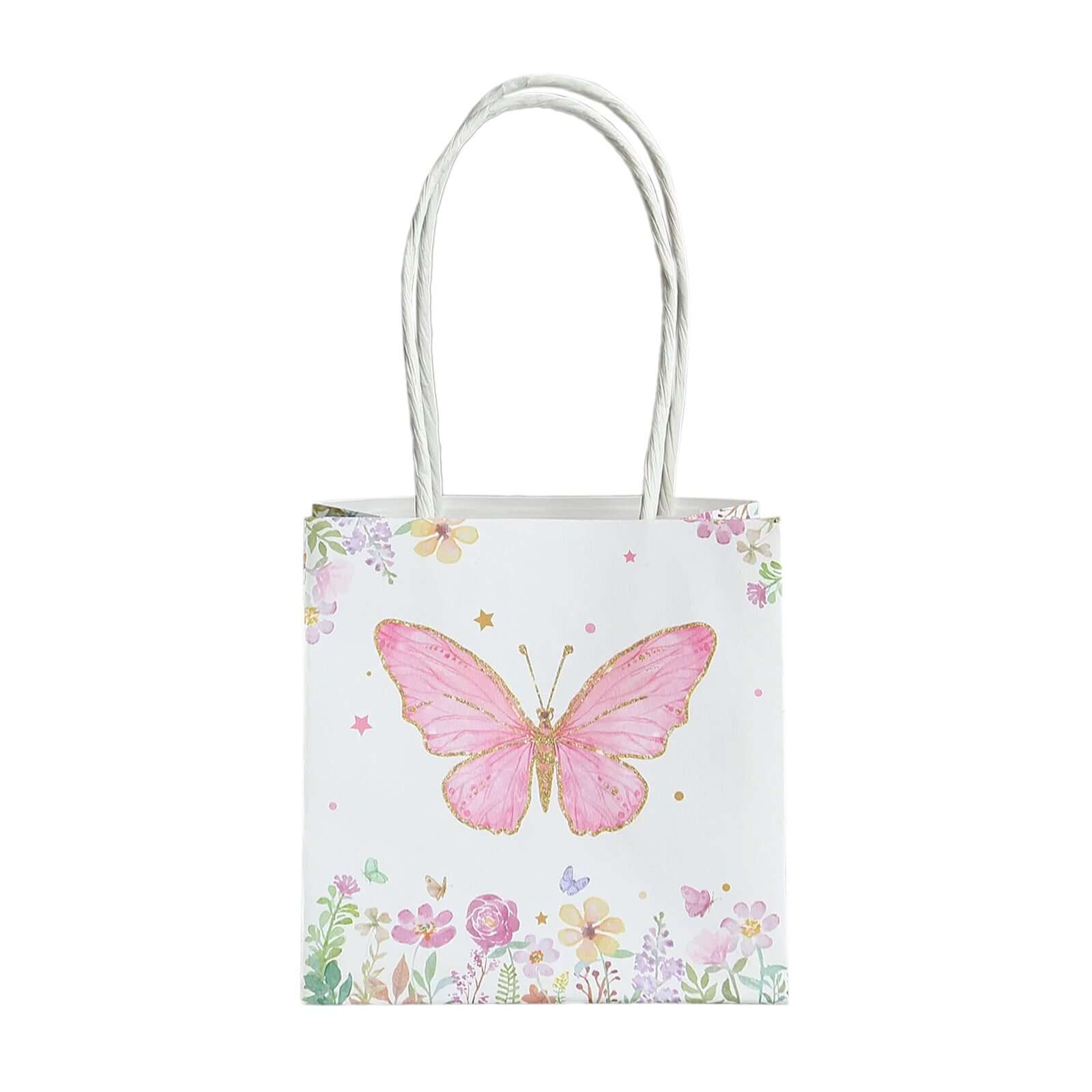 12 Pack Pink Glitter Butterfly Paper Gift Bags With Handles, Floral Print White Party Favor Goodie Bags - 4"x4" - Image 7