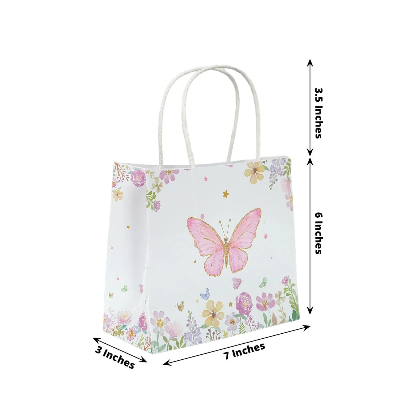 12 Pack Pink Glitter Butterfly Paper Gift Bags with Handles, Floral Print White Party Favor Goodie Bags - 6"x7" - Image 2