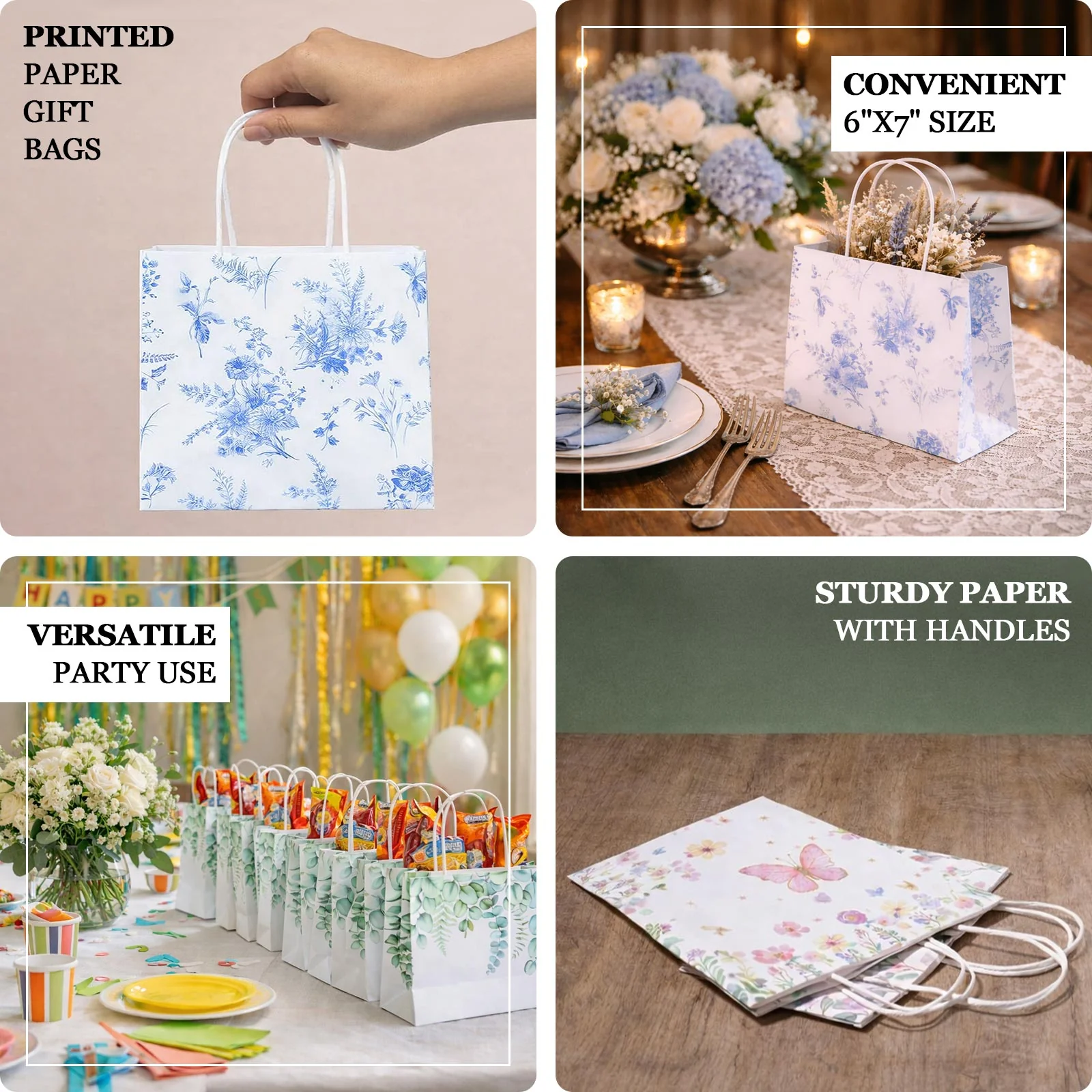 12 Pack Pink Glitter Butterfly Paper Gift Bags with Handles, Floral Print White Party Favor Goodie Bags - 6"x7" - Image 3