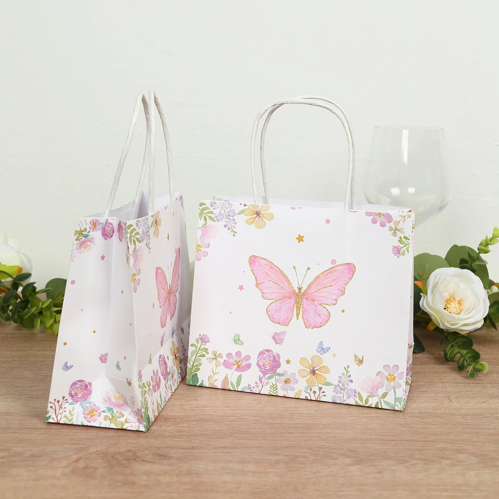 12 Pack Pink Glitter Butterfly Paper Gift Bags with Handles, Floral Print White Party Favor Goodie Bags - 6"x7" - Image 6