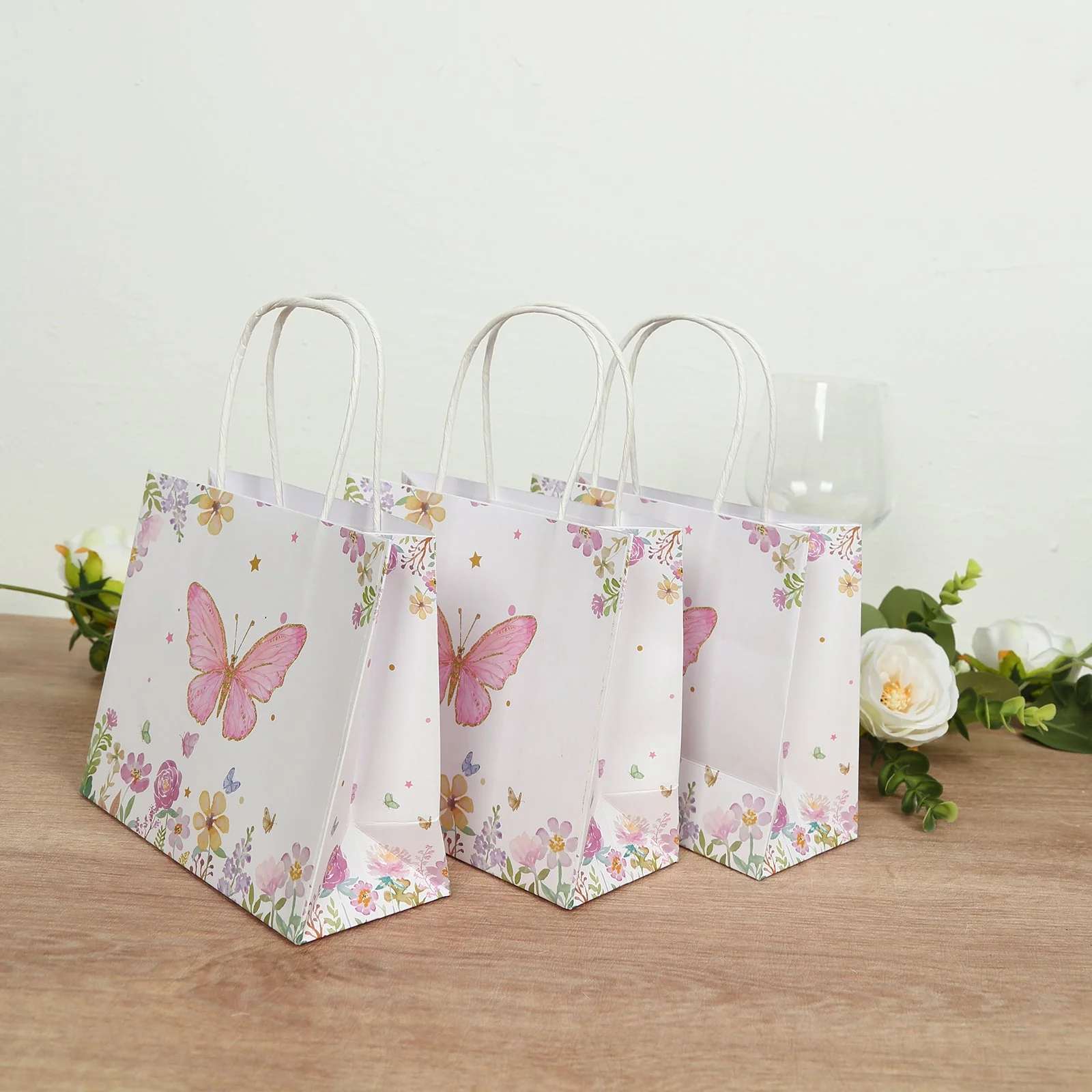 12 Pack Pink Glitter Butterfly Paper Gift Bags with Handles, Floral Print White Party Favor Goodie Bags - 6"x7" - Image 8