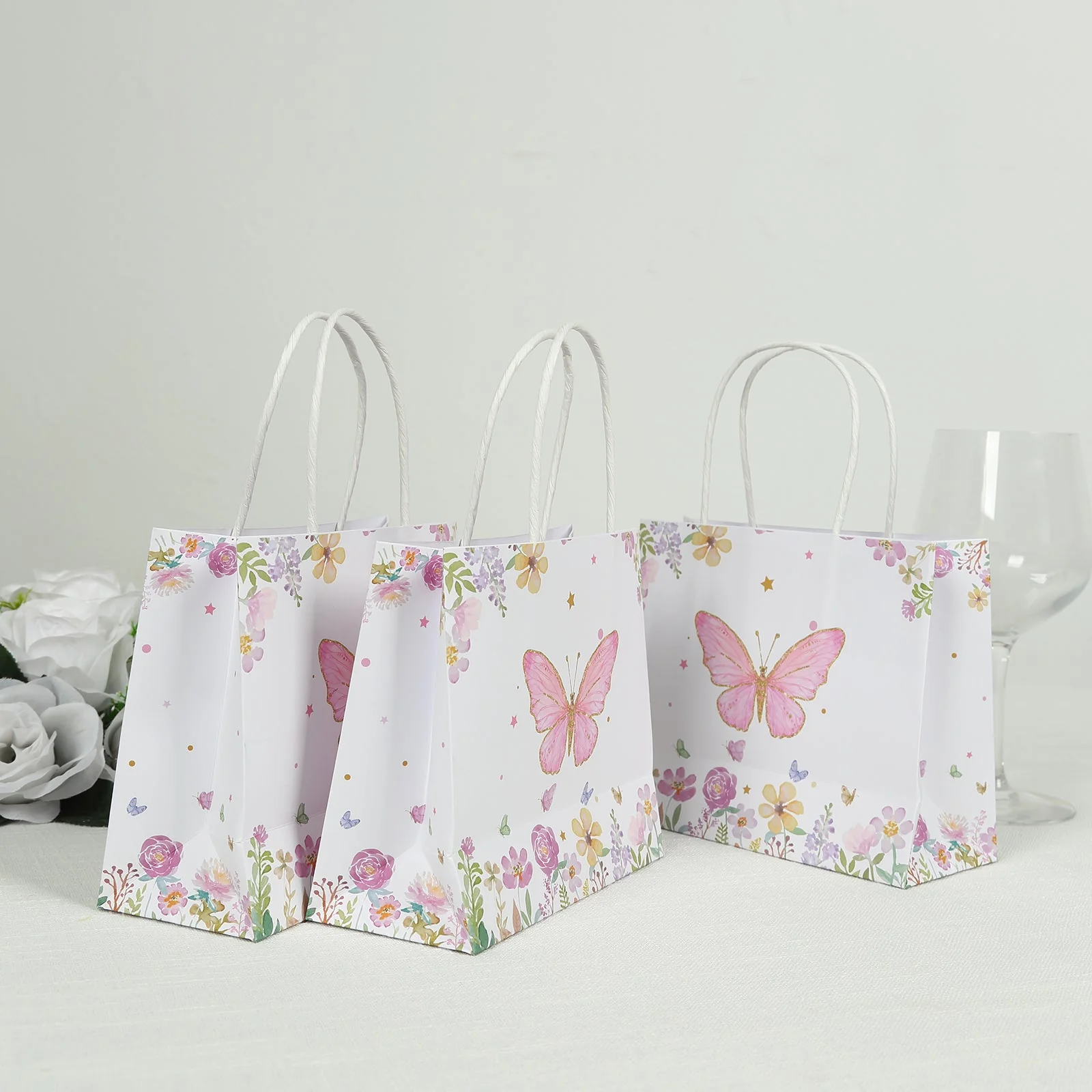 12 Pack Pink Glitter Butterfly Paper Gift Bags with Handles, Floral Print White Party Favor Goodie Bags - 6"x7" - Image 9