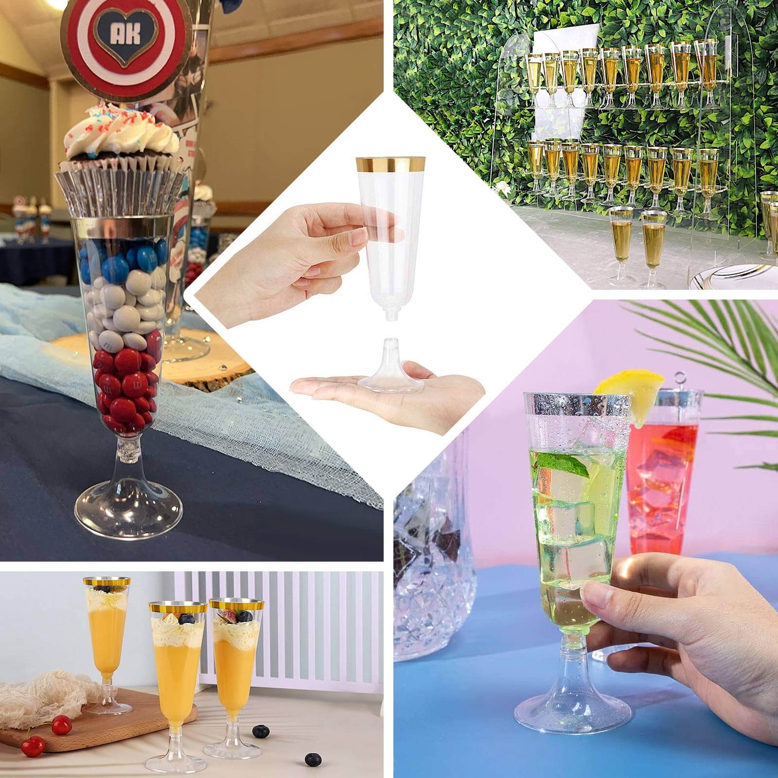 12-Pack Plastic Champagne Flutes 5oz Clear with Gold Rim - Disposable Toasting Glasses with Detachable Base 6" - Image 4