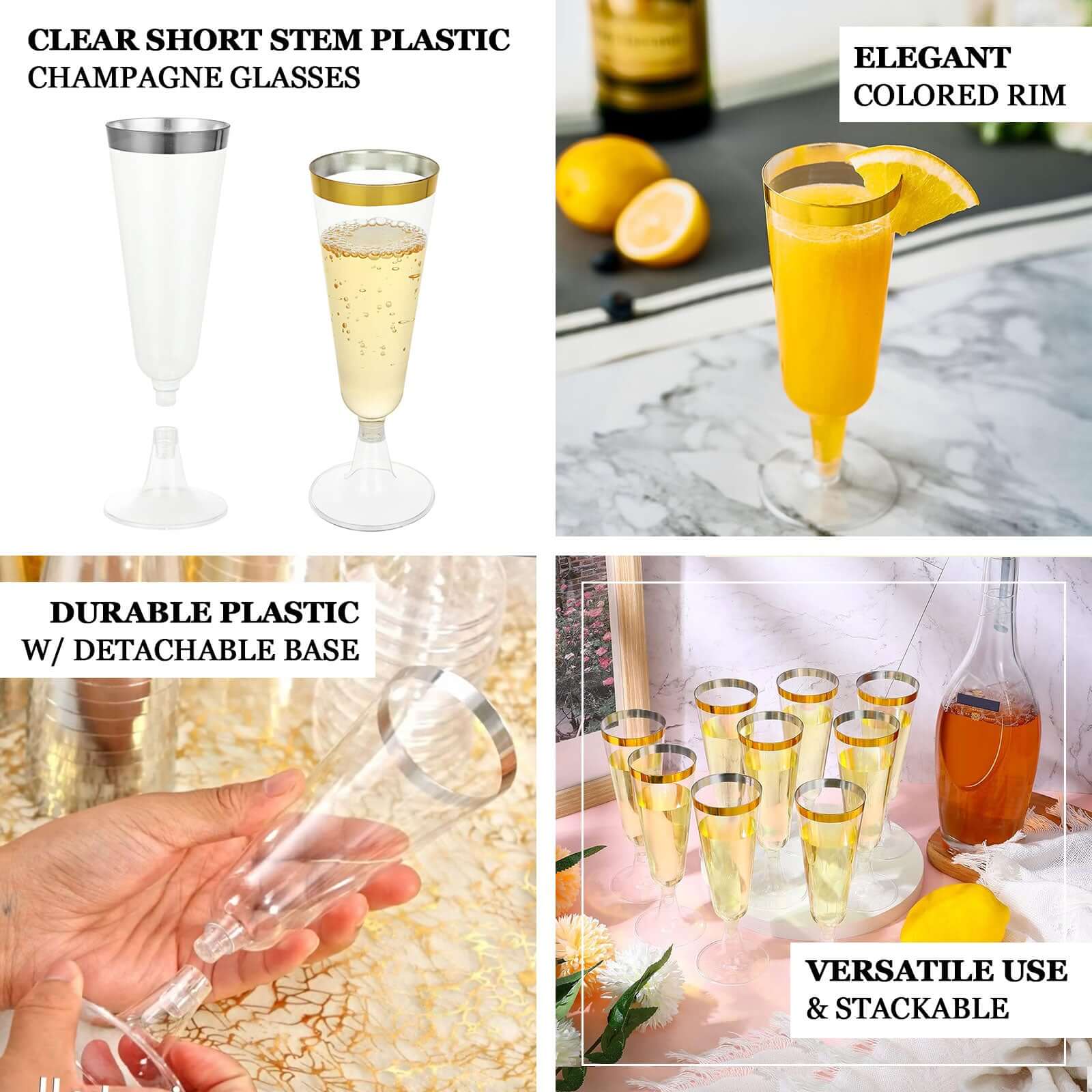 12-Pack Plastic Champagne Flutes 5oz Clear with Gold Rim - Disposable Toasting Glasses with Detachable Base 6" - Image 5