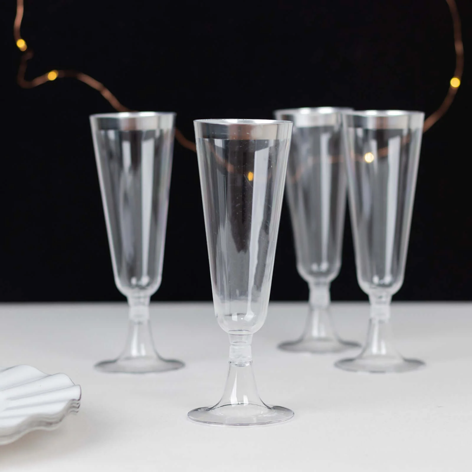 12-Pack Plastic Champagne Flutes 5oz Clear with Silver Rim - Disposable Toasting Glasses with Detachable Base 6" - Image 2